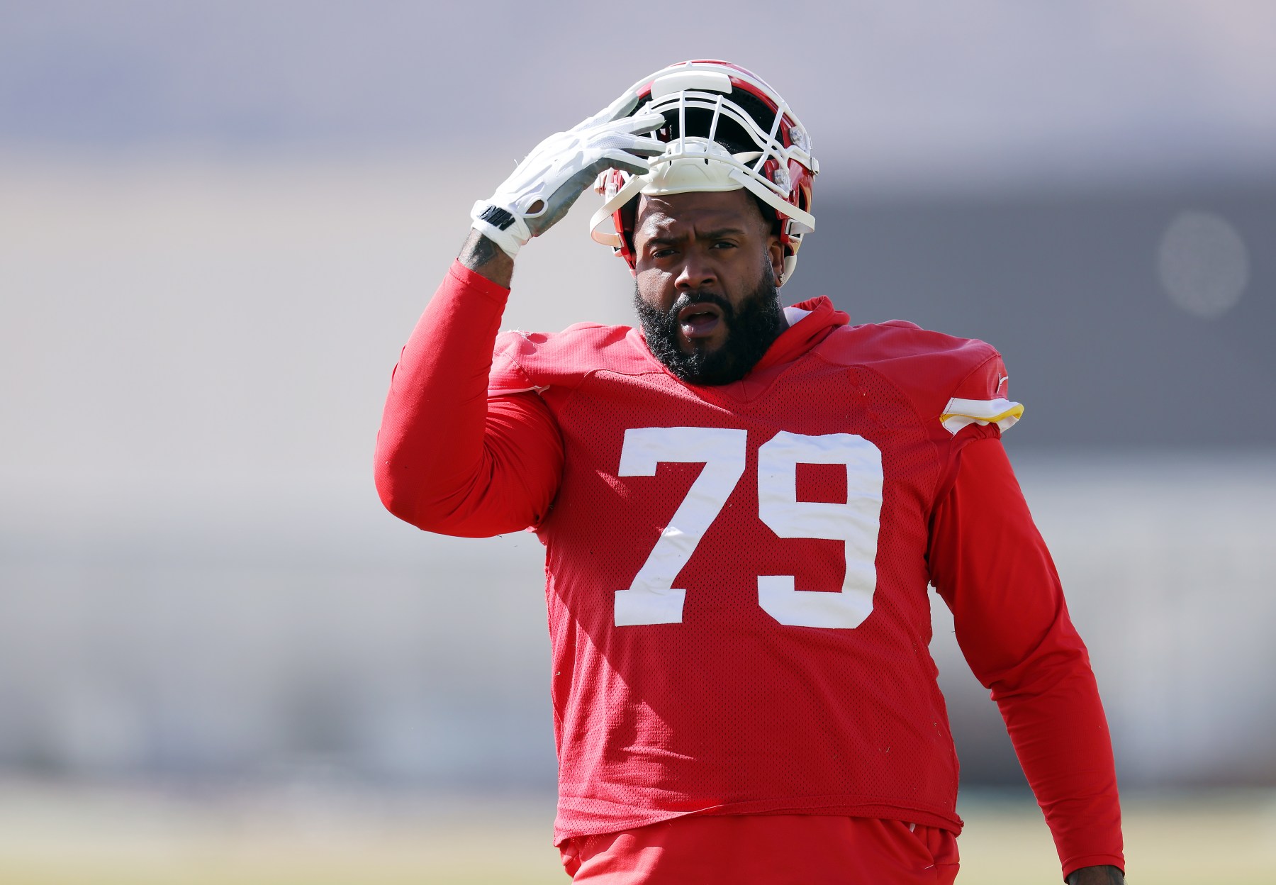 HENDERSON, NEVADA - FEBRUARY 09: Offensive tackle Donovan Smith #79 warms up during Kansas City Chiefs practice ahead of Super Bowl LVIII at the Las Vegas Raiders Headquarters/Intermountain Healthcare Performance Center on February 09, 2024 in Henderson, Nevada. (Photo by Jamie Squire/Getty Images)