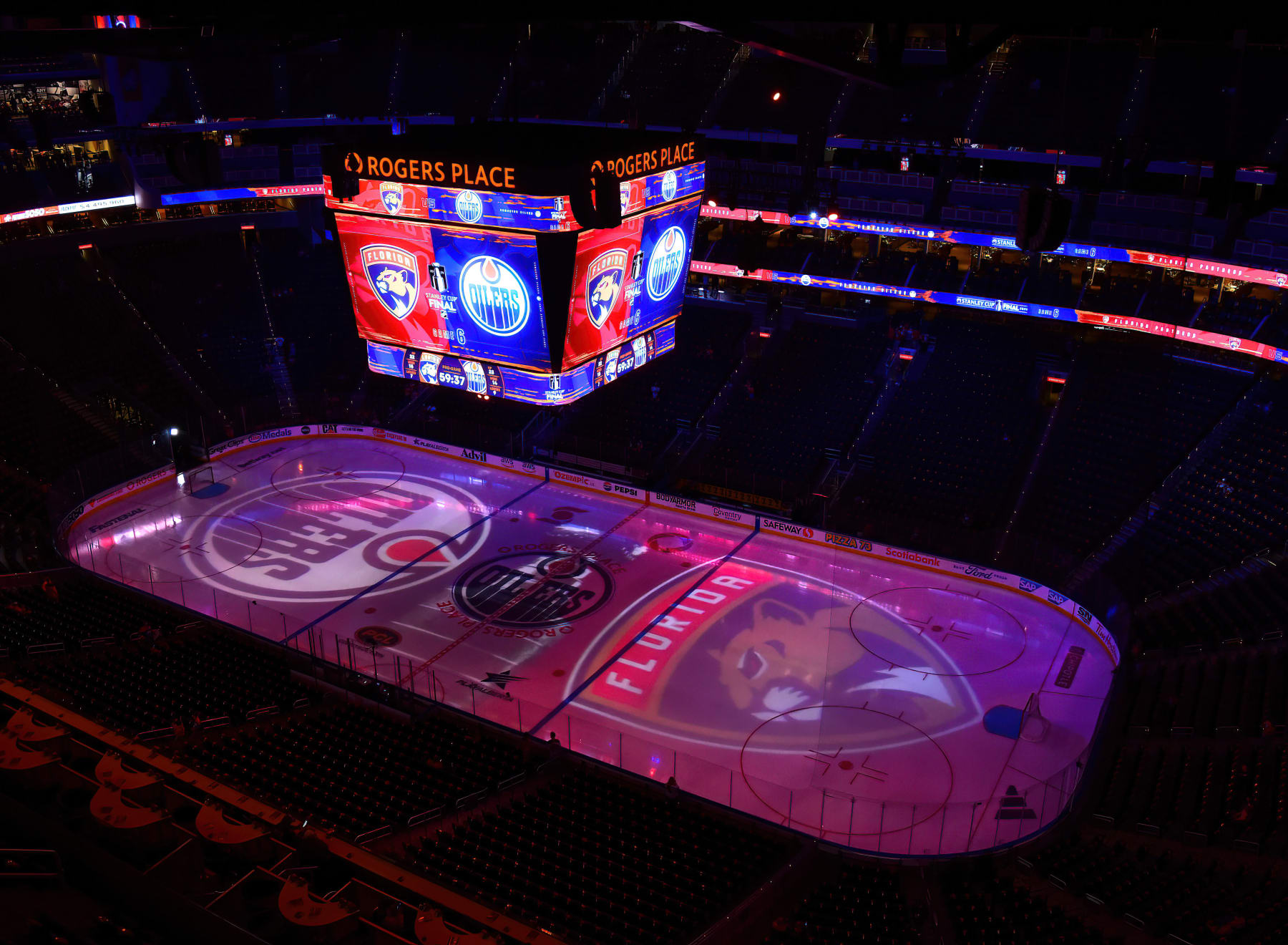 EDMONTON, CANADA - JUNE 21: A general view of the ice surface at Rogers Place in advance of Game Six of the 2024 Stanley Cup Final between the Florida Panthers and the Edmonton Oilers on June 21, 2024, in Edmonton, Alberta, Canada. (Photo by Andy Devlin/NHLI via Getty Images)