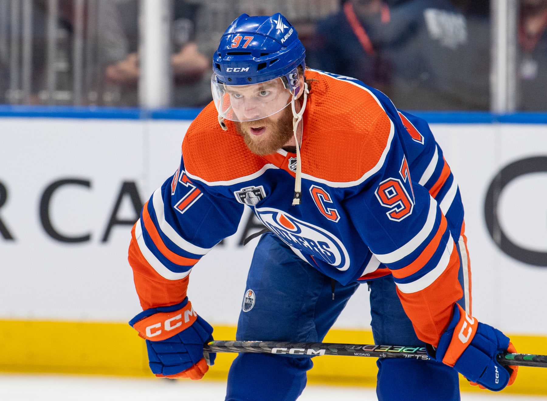 EDMONTON, CANADA - JUNE 21: Connor McDavid #97 of the Edmonton Oilers participates in warm ups ahead of Game Six of the 2024 Stanley Cup Final against the Florida Panthers at Rogers Place on June 21, 2024, in Edmonton, Alberta, Canada. (Photo by Andy Devlin/NHLI via Getty Images)