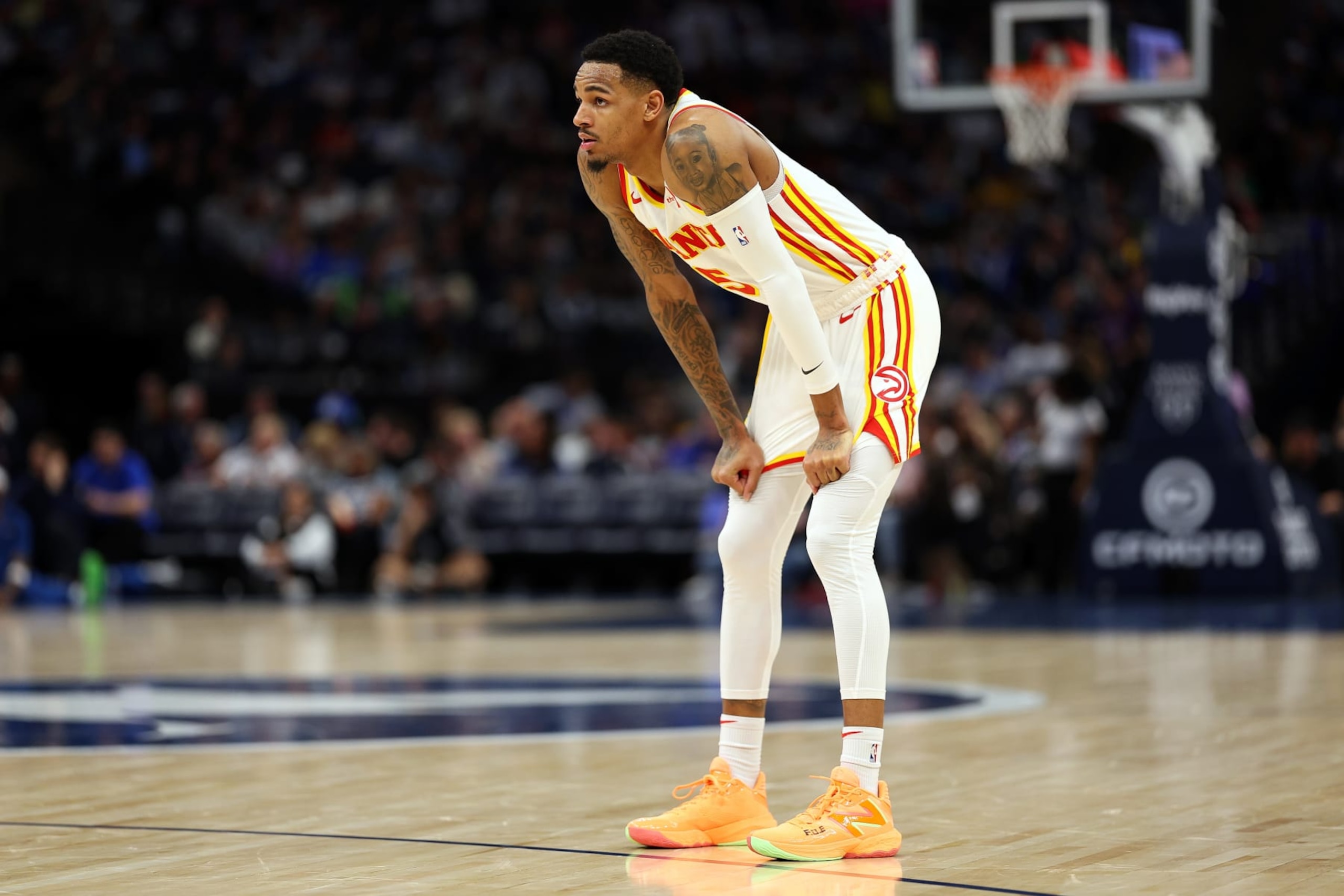 MINNEAPOLIS, MINNESOTA - APRIL 12: Dejounte Murray #5 of the Atlanta Hawks looks on against the Minnesota Timberwolves in the third quarter at Target Center on April 12, 2024 in Minneapolis, Minnesota. The Timberwolves defeated the Hawks 109-106. NOTE TO USER: User expressly acknowledges and agrees that, by downloading and or using this photograph, User is consenting to the terms and conditions of the Getty Images License Agreement. (Photo by David Berding/Getty Images)