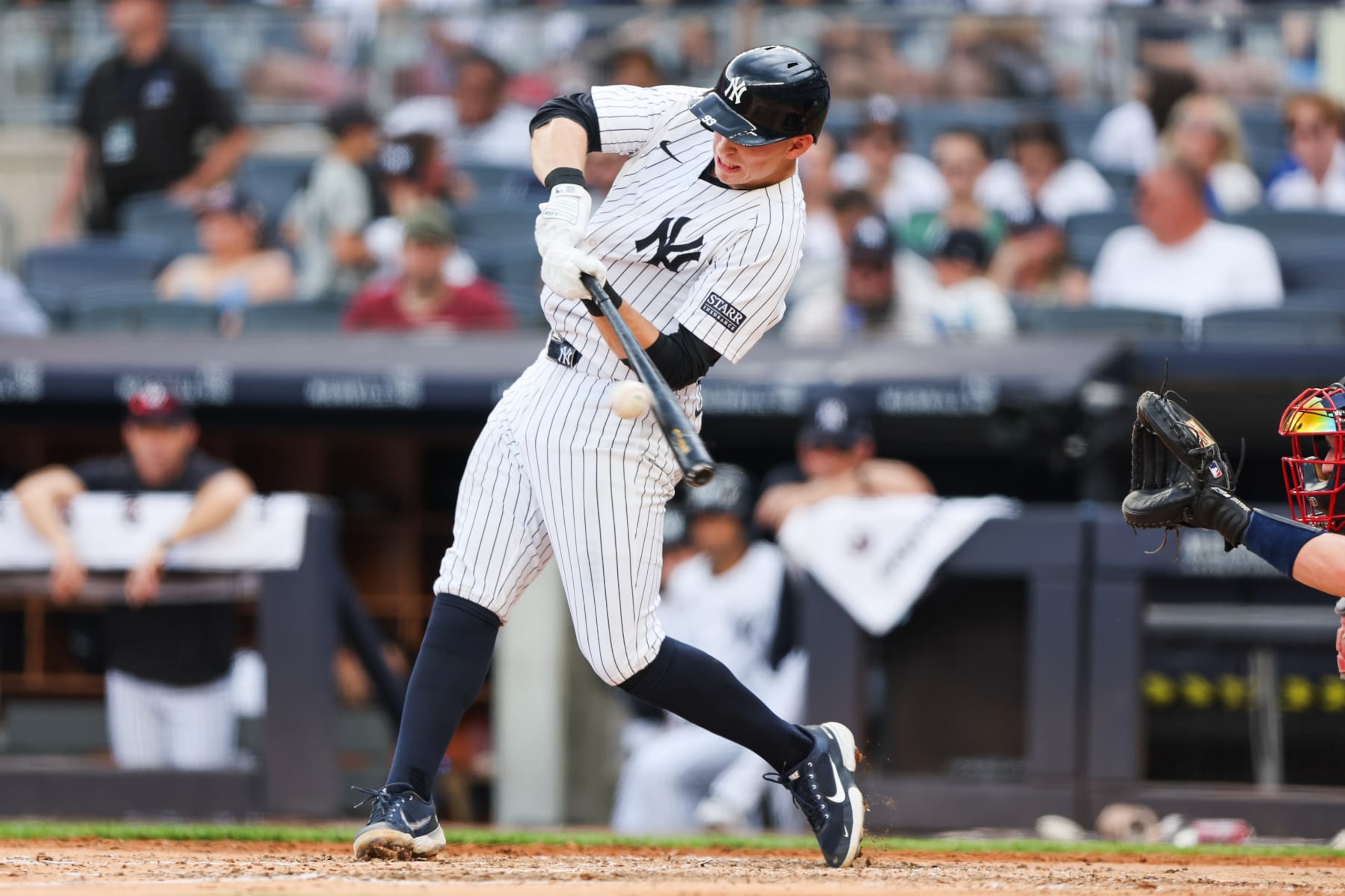 BRONX, NY - JUNE 23: New York Yankees catcher Ben Rice (93) at bat during a game between the Atlanta Braves and the New York Yankees on June 23, 2024 at Yankee Stadium in the Bronx, New York.
(Photo by Andrew Mordzynski/Icon Sportswire via Getty Images)