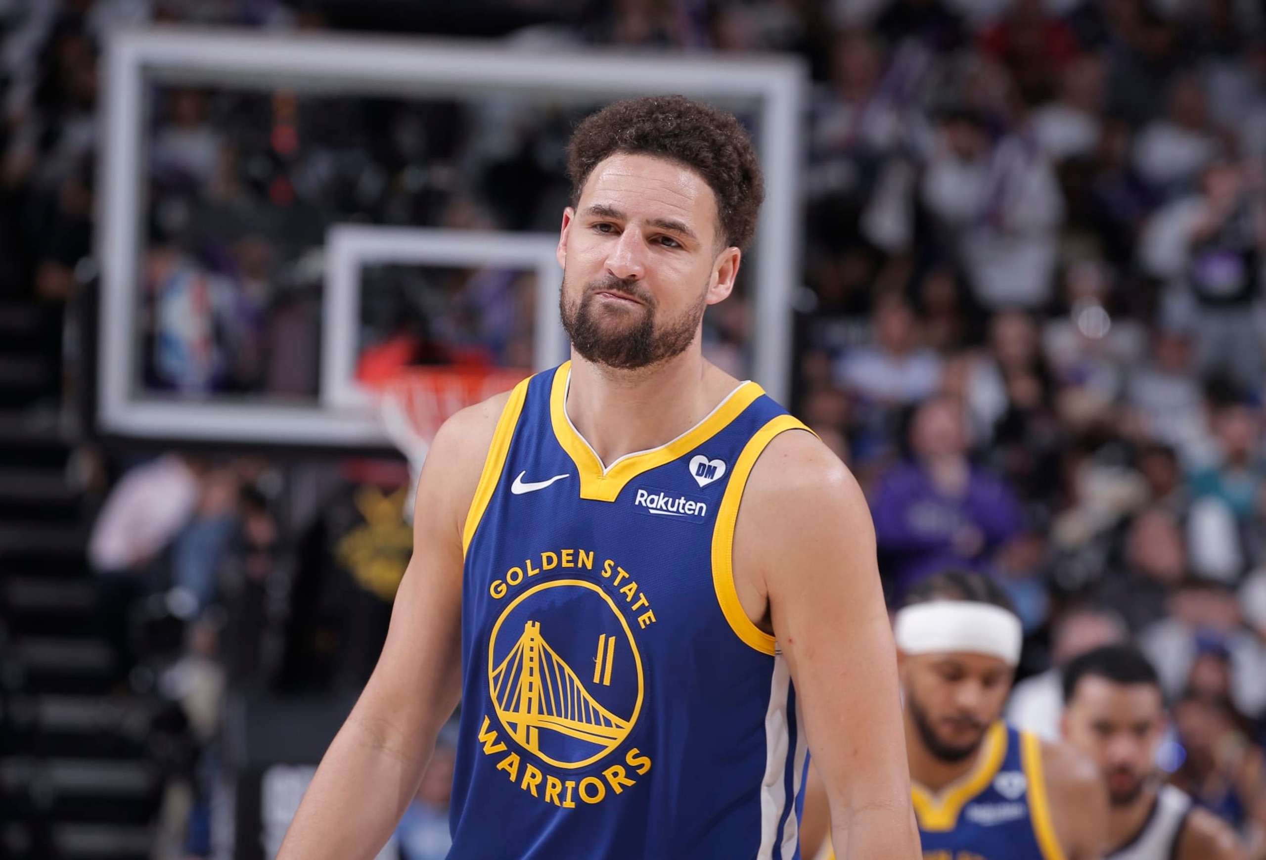 SACRAMENTO, CA - APRIL 16: Klay Thompson #11 of the Golden State Warriors looks on during the game against the Sacramento Kings during the 2024 Play-In Tournament on April 16, 2024 at Golden 1 Center in Sacramento, California. NOTE TO USER: User expressly acknowledges and agrees that, by downloading and or using this photograph, User is consenting to the terms and conditions of the Getty Images Agreement. Mandatory Copyright Notice: Copyright 2024 NBAE (Photo by Rocky Widner/NBAE via Getty Images) SACRAMENTO, CA - APRIL 16: Klay Thompson #11 of the Golden State Warriors looks on during the game against the Sacramento Kings during the 2024 Play-In Tournament on April 16, 2024 at Golden 1 Center in Sacramento, California. NOTE TO USER: User expressly acknowledges and agrees that, by downloading and or using this photograph, User is consenting to the terms and conditions of the Getty Images Agreement. Mandatory Copyright Notice: Copyright 2024 NBAE (Photo by Rocky Widner/NBAE via Getty Images)