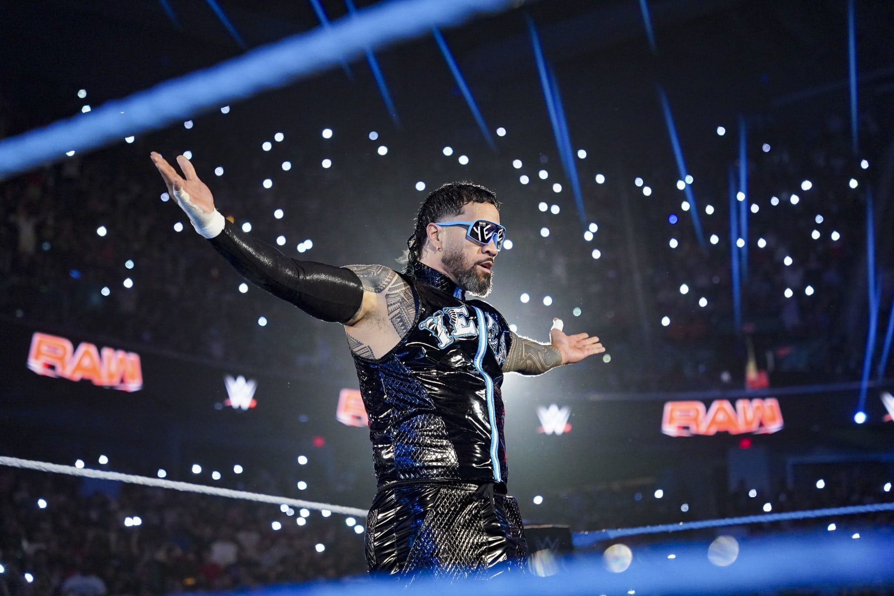 GREENSBORO, NORTH CAROLINA - MAY 20:  Jay Uso poses in ring during Monday Night RAW at Greensboro Coliseum Complex on May 20, 2024 in Greensboro, North Carolina.  (Photo by WWE/Getty Images)