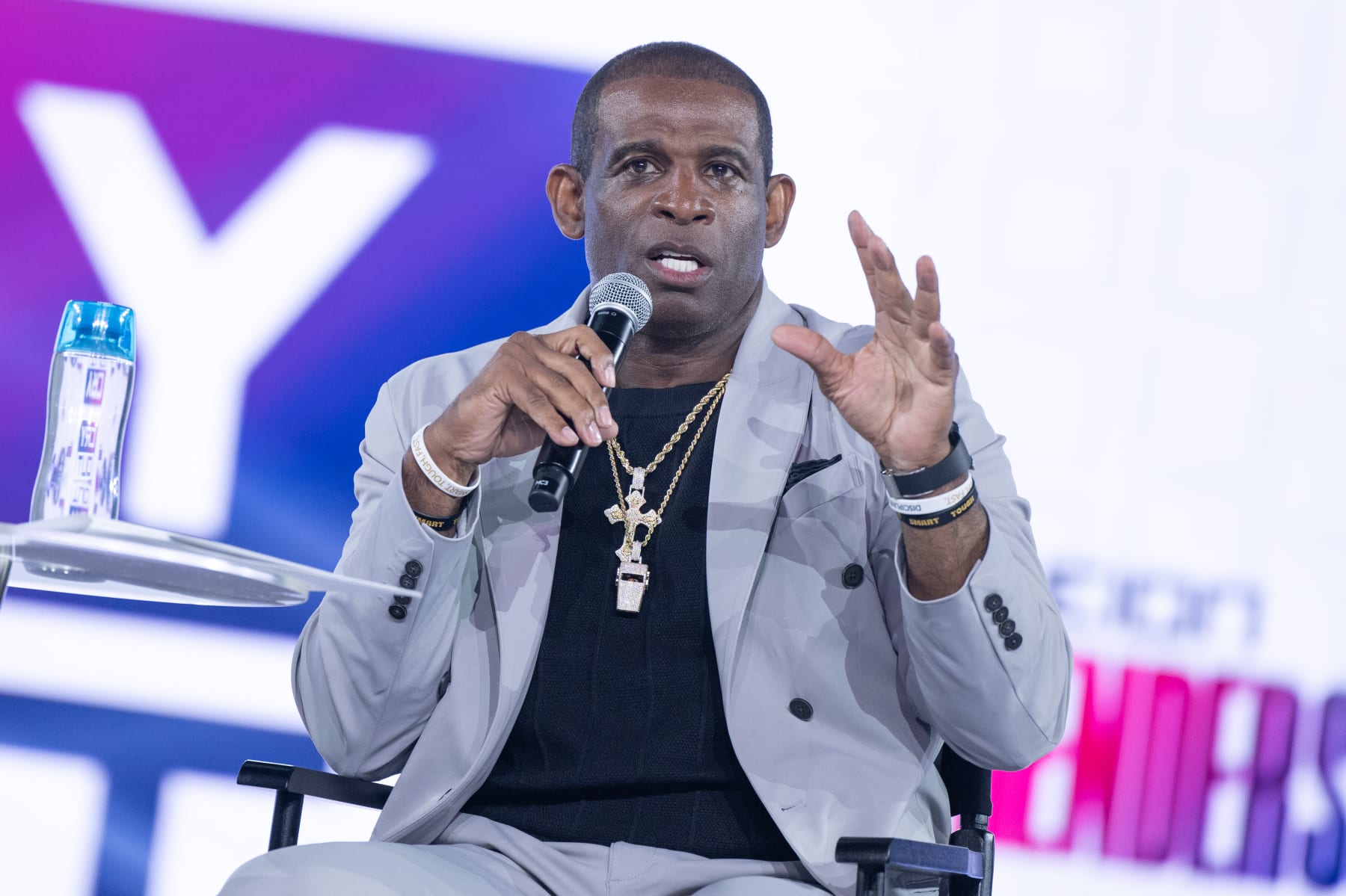 HOUSTON, TEXAS - JUNE 21: Deion Sanders speaks on stage during day 1of the Cry Out 2024 at George R. Brown Convention Center on June 21, 2024 in Houston, Texas. (Photo by Marcus Ingram/Getty Images)