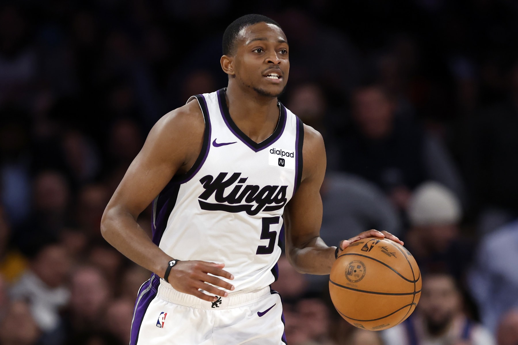 NEW YORK, NEW YORK - APRIL 04: De'Aaron Fox #5 of the Sacramento Kings dribbles during the second half against the New York Knicks at Madison Square Garden on April 04, 2024 in New York City. The Knicks won 120-109. NOTE TO USER: User expressly acknowledges and agrees that, by downloading and/or using this Photograph, user is consenting to the terms and conditions of the Getty Images License Agreement. (Photo by Sarah Stier/Getty Images)