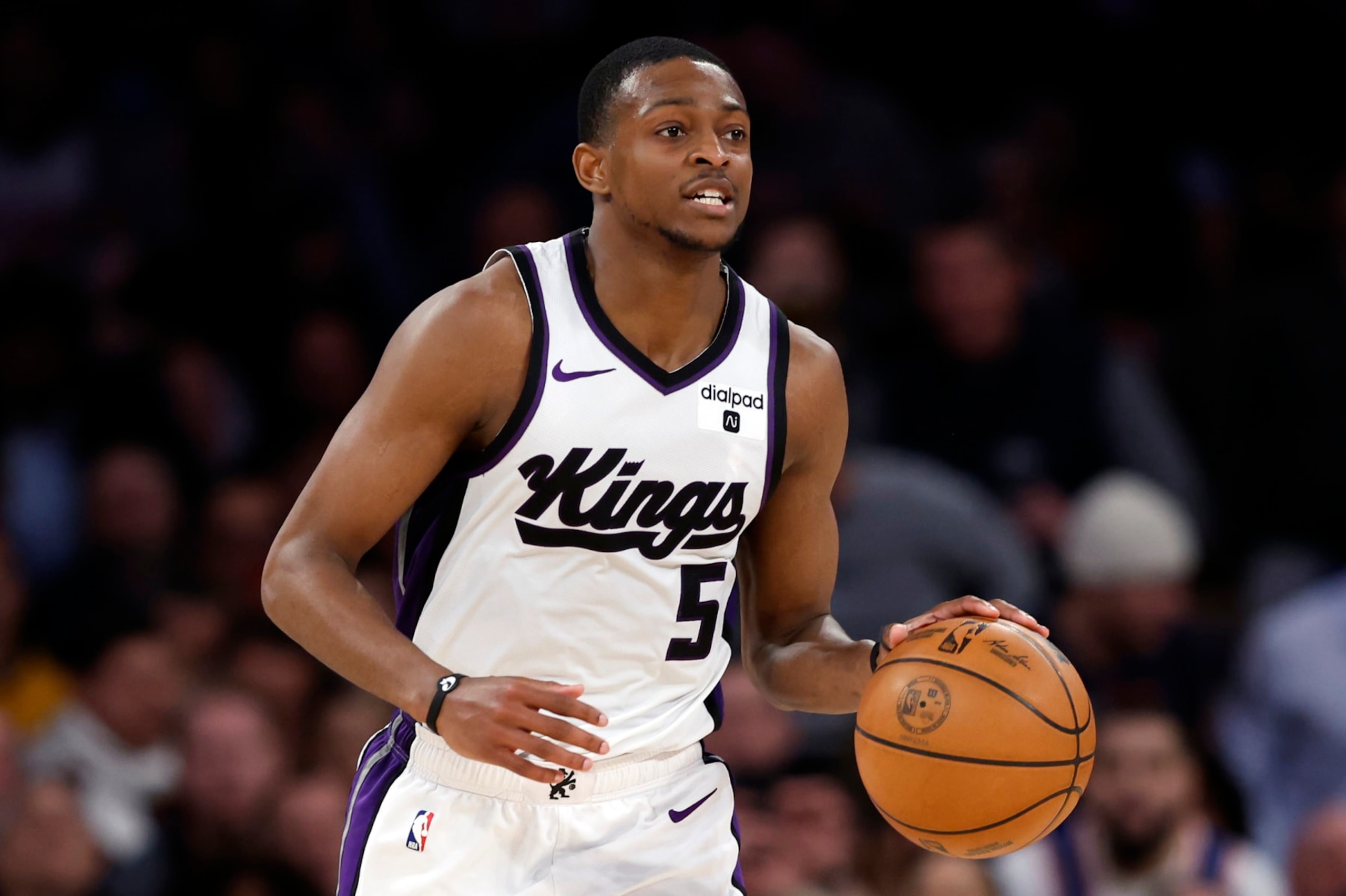NEW YORK, NEW YORK - APRIL 04: De'Aaron Fox #5 of the Sacramento Kings dribbles during the second half against the New York Knicks at Madison Square Garden on April 04, 2024 in New York City. The Knicks won 120-109. NOTE TO USER: User expressly acknowledges and agrees that, by downloading and/or using this Photograph, user is consenting to the terms and conditions of the Getty Images License Agreement. (Photo by Sarah Stier/Getty Images)