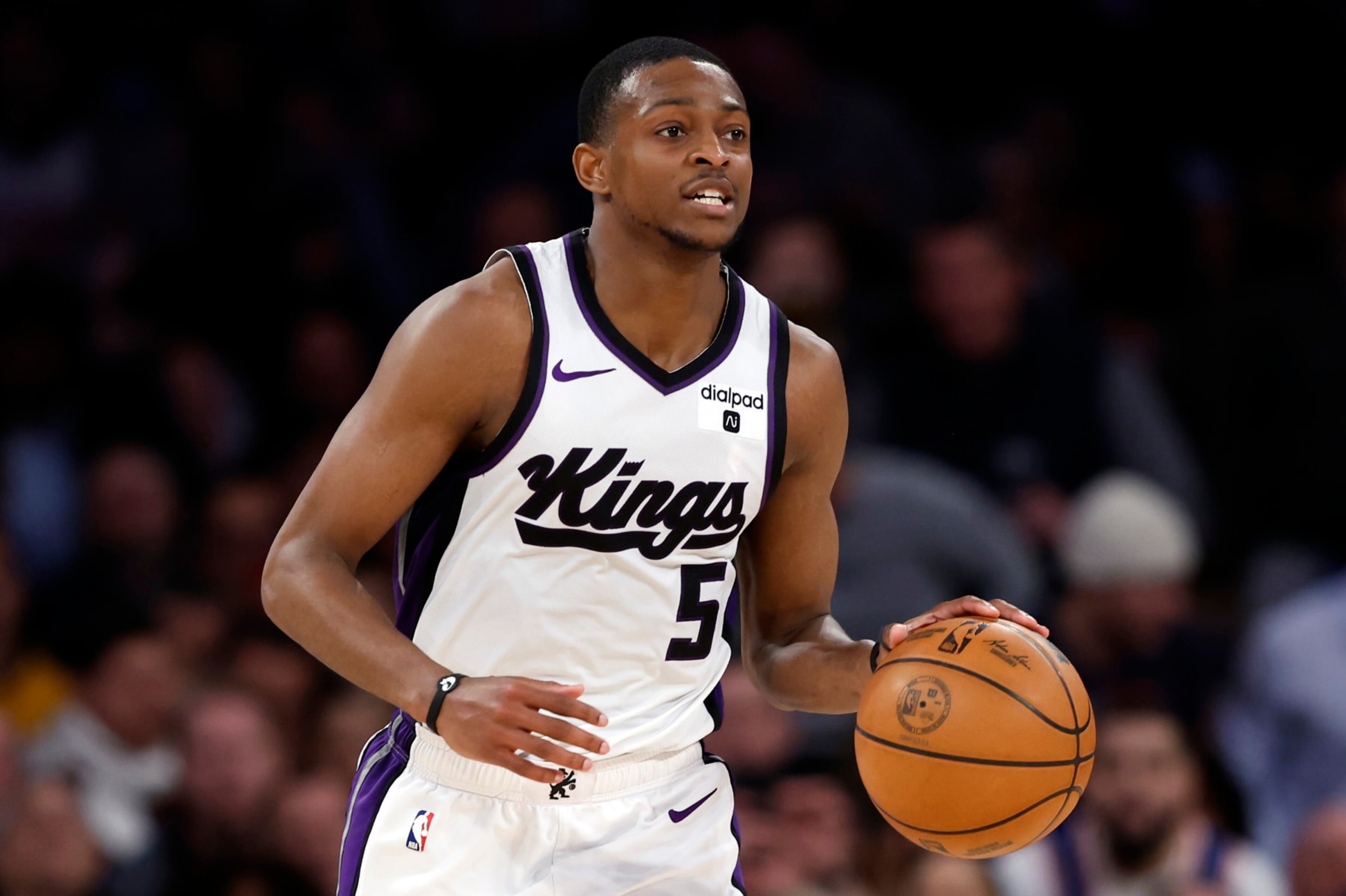 NEW YORK, NEW YORK - APRIL 04: De'Aaron Fox #5 of the Sacramento Kings dribbles during the second half against the New York Knicks at Madison Square Garden on April 04, 2024 in New York City. The Knicks won 120-109. NOTE TO USER: User expressly acknowledges and agrees that, by downloading and/or using this Photograph, user is consenting to the terms and conditions of the Getty Images License Agreement. (Photo by Sarah Stier/Getty Images)