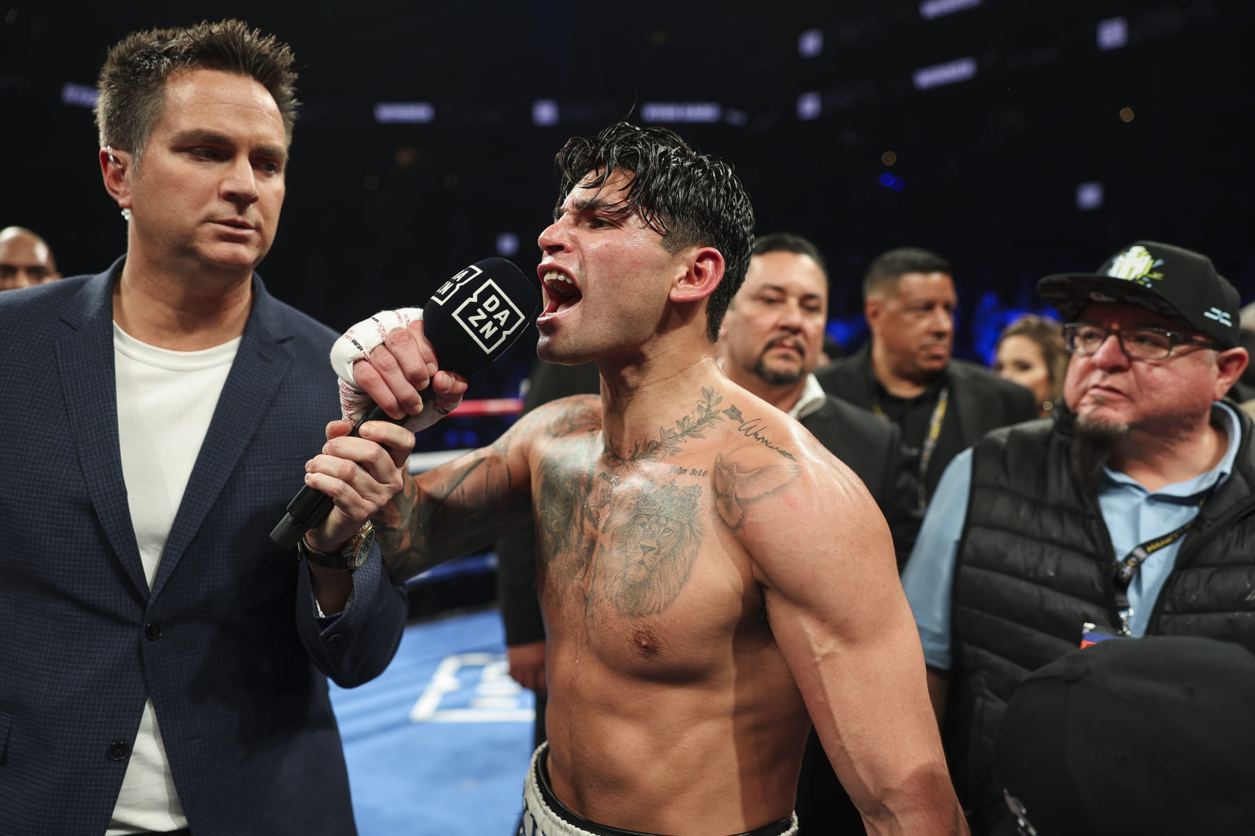 NEW YORK, NEW YORK - APRIL 20: Ryan Garcia celebrates after defeating Devin Haney in a fight at Barclays Center on April 20, 2024 in New York City. (Photo by Cris Esqueda/Golden Boy/Getty Images)