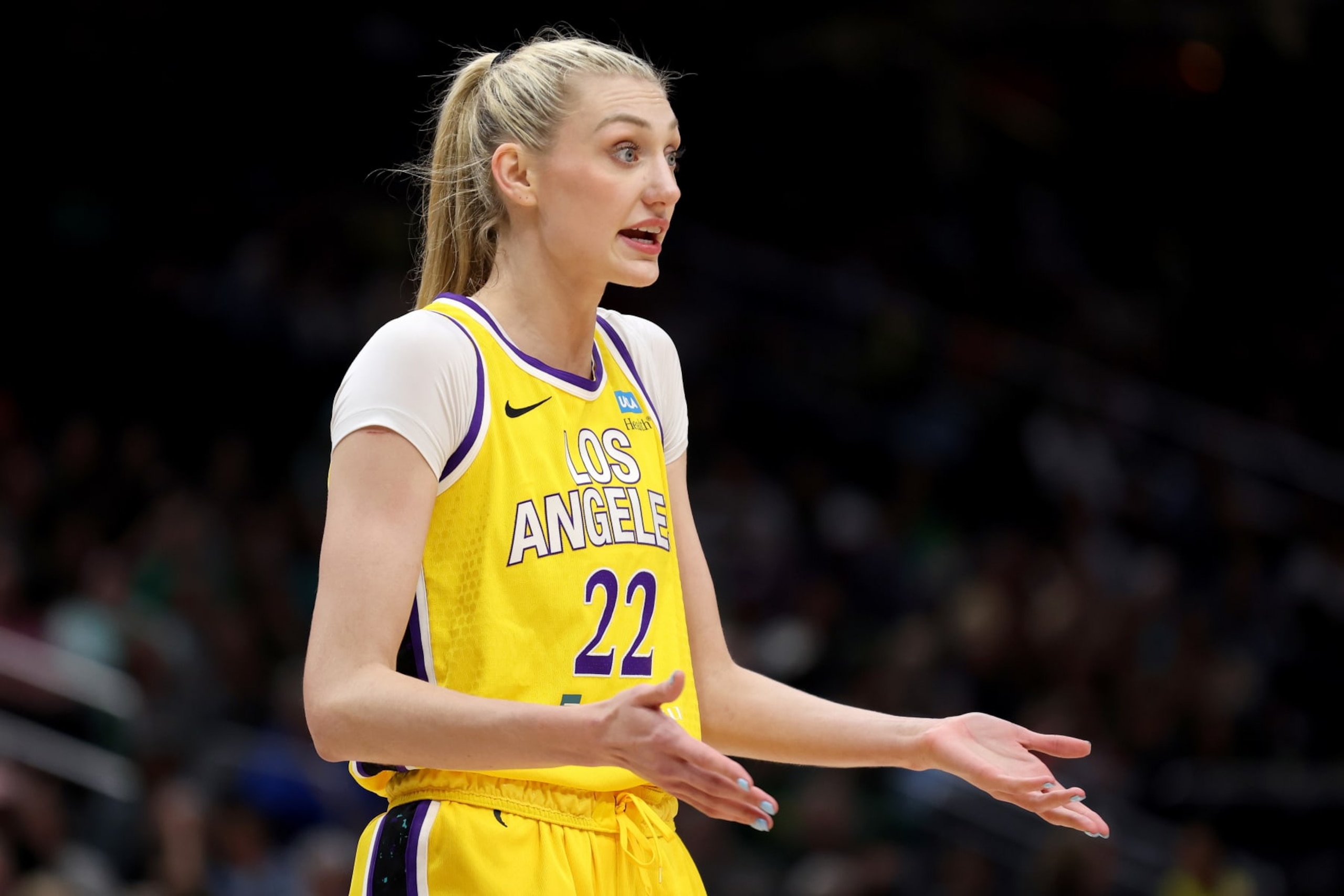 SEATTLE, WASHINGTON - JUNE 11: Cameron Brink #22 of the Los Angeles Sparks reacts during the game Storm at Climate Pledge Arena on June 11, 2024 in Seattle, Washington. (Photo by Steph Chambers/Getty Images) SEATTLE, WASHINGTON - JUNE 11: Cameron Brink #22 of the Los Angeles Sparks reacts during the game Storm at Climate Pledge Arena on June 11, 2024 in Seattle, Washington. (Photo by Steph Chambers/Getty Images)
