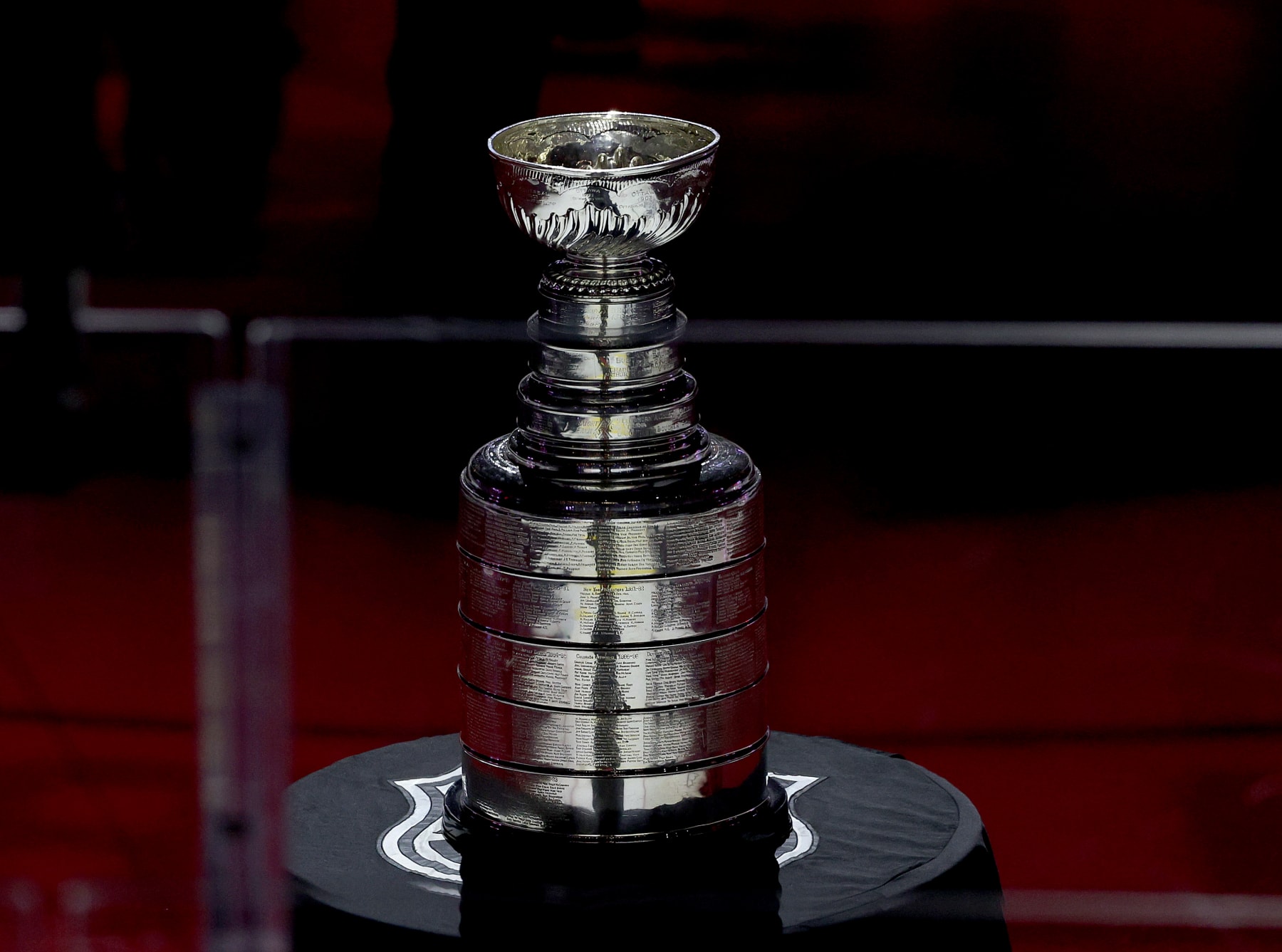SUNRISE, FLORIDA - JUNE 08: The Stanley Cup is on the ice before the game between the Florida Panthers and the Edmonton Oilers during Game One of the 2024 Stanley Cup Final at Amerant Bank Arena on June 08, 2024 in Sunrise, Florida. (Photo by Elsa/Getty Images)