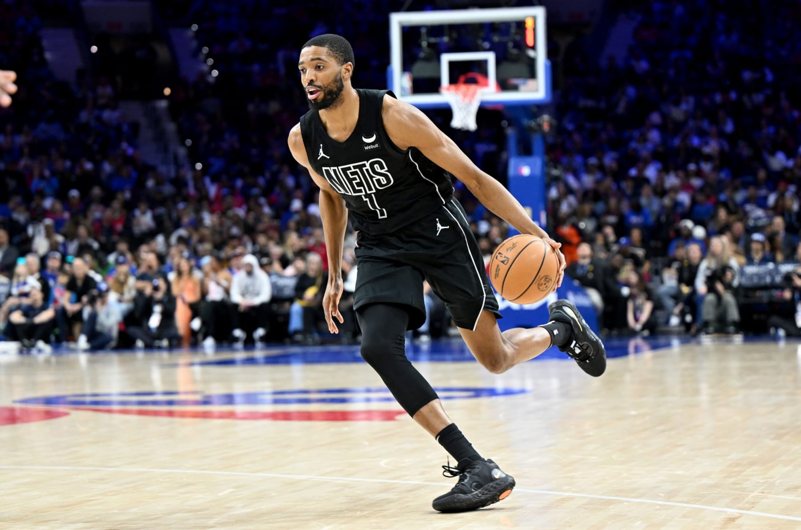 PHILADELPHIA, PENNSYLVANIA - APRIL 14: Mikal Bridges #1 of the Brooklyn Nets handles the ball against the Philadelphia 76ers at the Wells Fargo Center on April 14, 2024 in Philadelphia, Pennsylvania. NOTE TO USER: User expressly acknowledges and agrees that, by downloading and or using this photograph, User is consenting to the terms and conditions of the Getty Images License Agreement. (Photo by G Fiume/Getty Images) PHILADELPHIA, PENNSYLVANIA - APRIL 14: Mikal Bridges #1 of the Brooklyn Nets handles the ball against the Philadelphia 76ers at the Wells Fargo Center on April 14, 2024 in Philadelphia, Pennsylvania. NOTE TO USER: User expressly acknowledges and agrees that, by downloading and or using this photograph, User is consenting to the terms and conditions of the Getty Images License Agreement. (Photo by G Fiume/Getty Images)