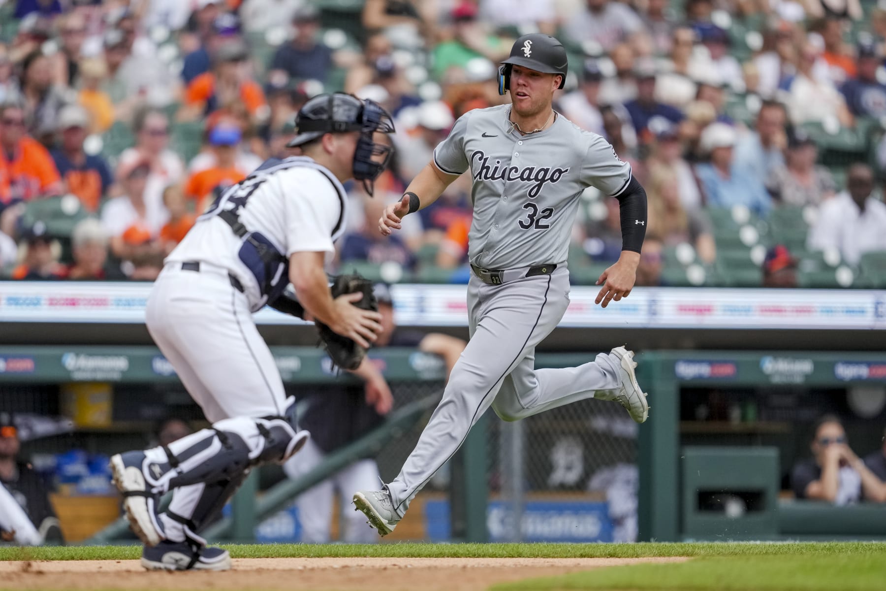 DETROIT, MICHIGAN - JUNE 23: Gavin Sheets #32 of the Chicago White Sox scores a run against the Detroit Tigers during the top of the seventh inning at Comerica Park on June 23, 2024 in Detroit, Michigan. (Photo by Nic Antaya/Getty Images)