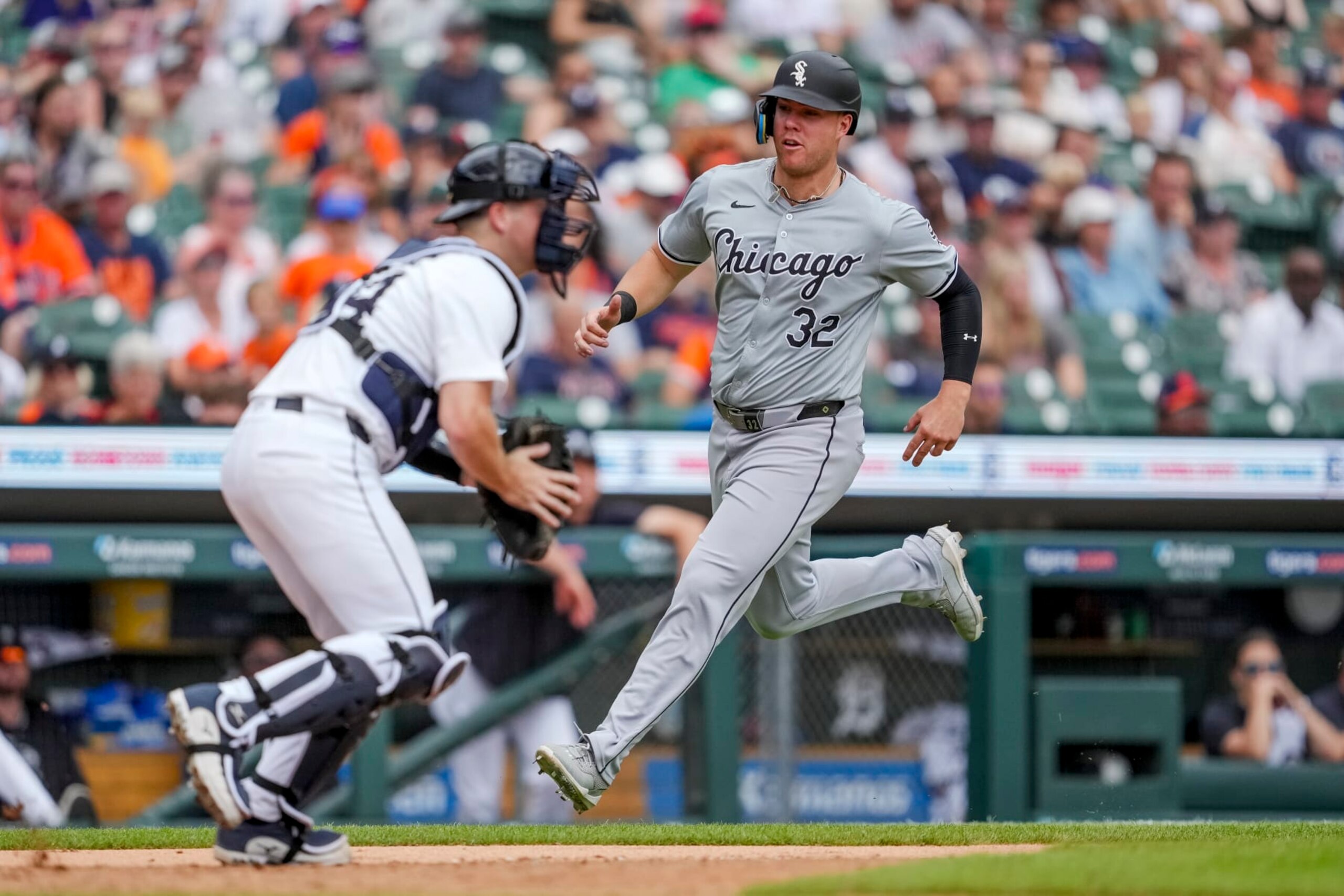 DETROIT, MICHIGAN - JUNE 23: Gavin Sheets #32 of the Chicago White Sox scores a run against the Detroit Tigers during the top of the seventh inning at Comerica Park on June 23, 2024 in Detroit, Michigan. (Photo by Nic Antaya/Getty Images)