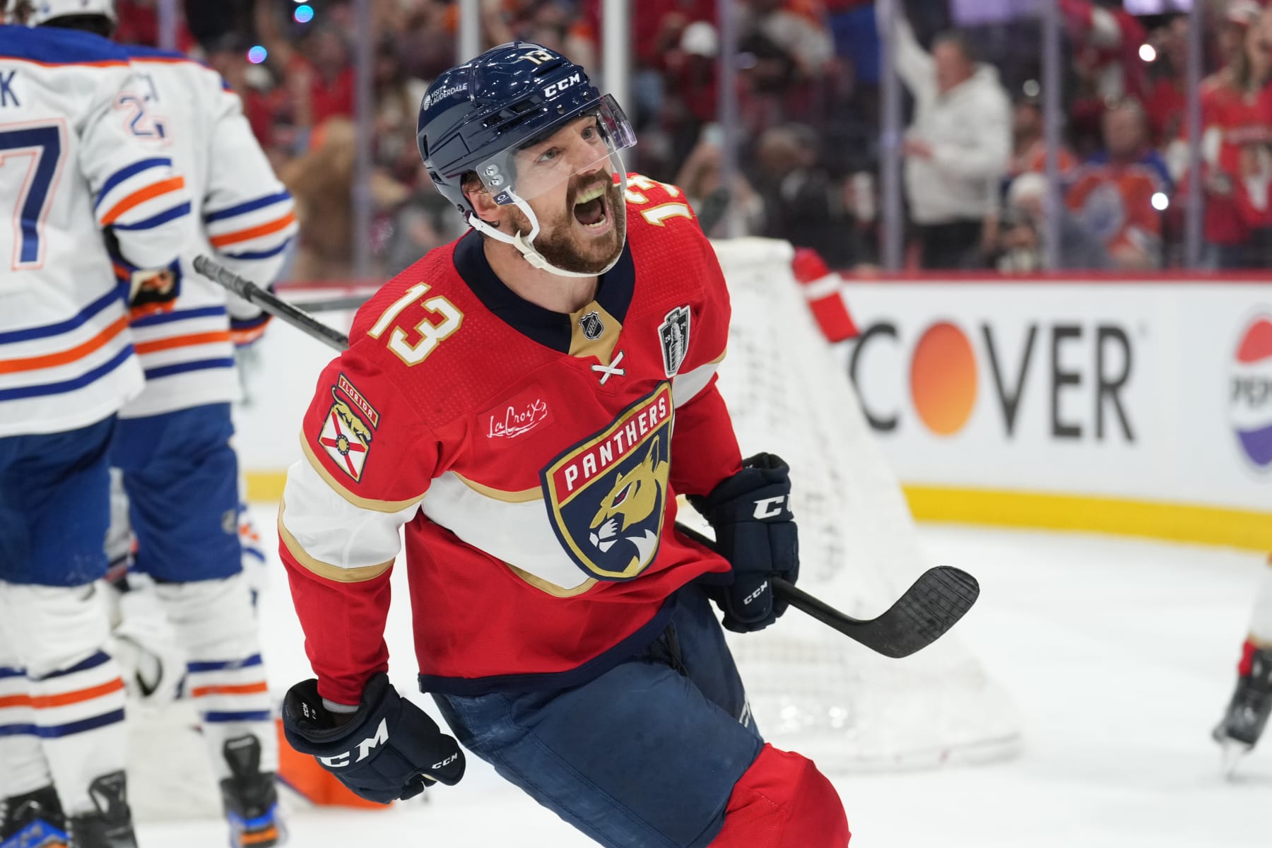 SUNRISE, FL - JUNE 24: Florida Panthers center Sam Reinhart (13) celebrates his goal in the second period during game seven of the Stanley Cup Finals between the Edmonton Oilers and the Florida Panthers on Monday, June 24, 2024 at Amerant Bank Arena in Sunrise, Fla. (Photo by Peter Joneleit/Icon Sportswire via Getty Images)