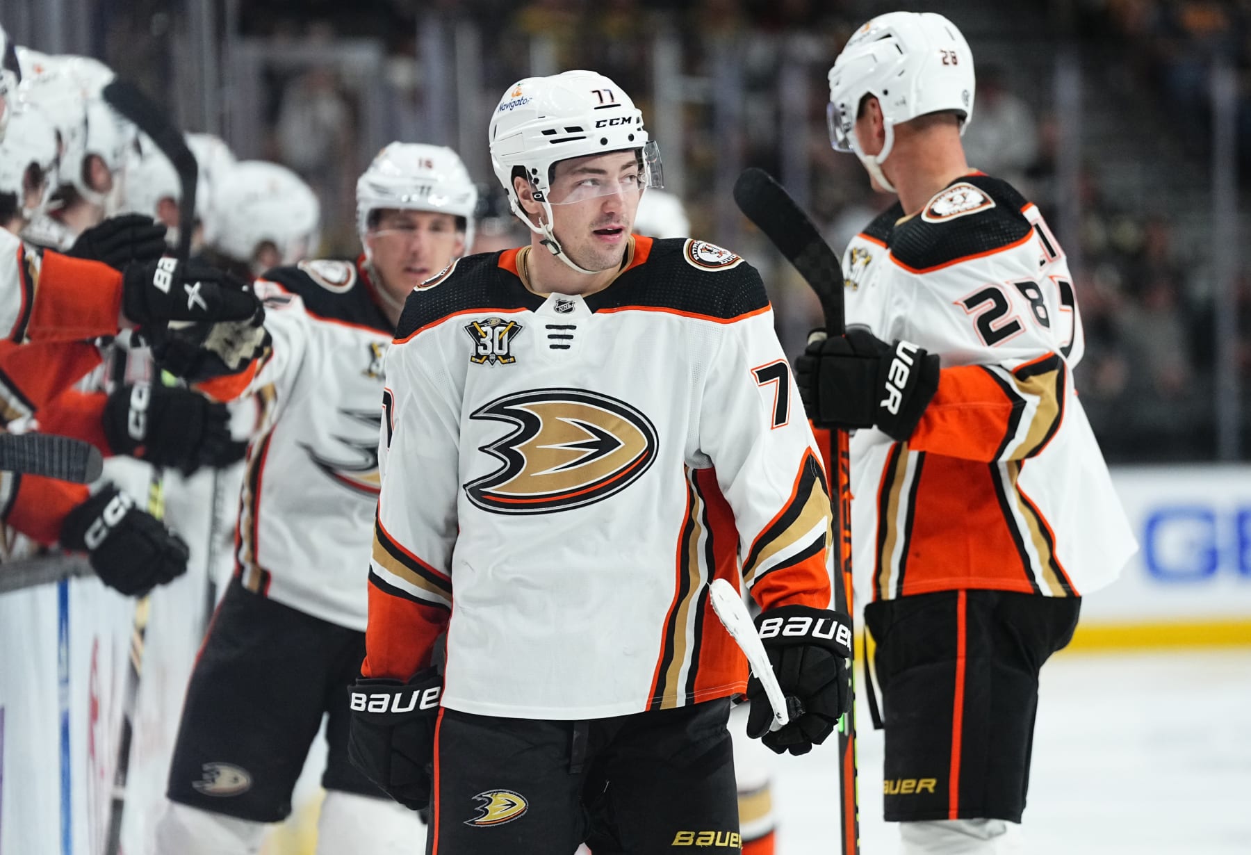 LAS VEGAS, NEVADA - APRIL 18: Frank Vatrano #77 of the Anaheim Ducks celebrates after a goal during the third period against the Vegas Golden Knights at T-Mobile Arena on April 18, 2024 in Las Vegas, Nevada. (Photo by Jeff Bottari/NHLI via Getty Images)