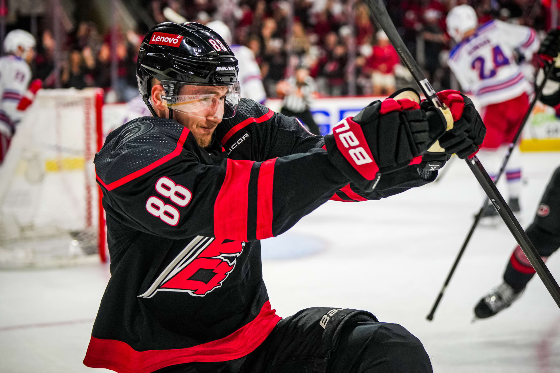 RALEIGH, NORTH CAROLINA - MAY 16: Martin Necas #88 of the Carolina Hurricanes celebrates after a goal during the first period against the New York Rangers in Game Six of the Second Round of the 2024 Stanley Cup Playoffs at PNC Arena on May 16, 2024 in Raleigh, North Carolina. (Photo by Josh Lavallee/NHLI via Getty Images)