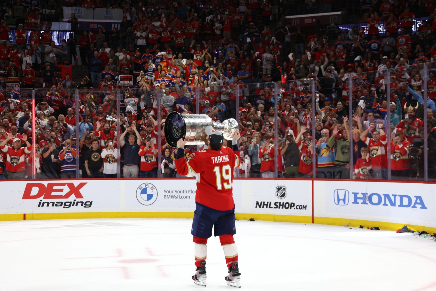 SUNRISE, FLORIDA - JUNE 24: Matthew Tkachuk #19 of the Florida Panthers kisses the Stanley Cup after Game Seven of the 2024 Stanley Cup Final between the Edmonton Oilers and the Florida Panthers at Amerant Bank Arena on June 24, 2024 in Sunrise, Florida. (Photo by Dave Sandford/NHLI via Getty Images)