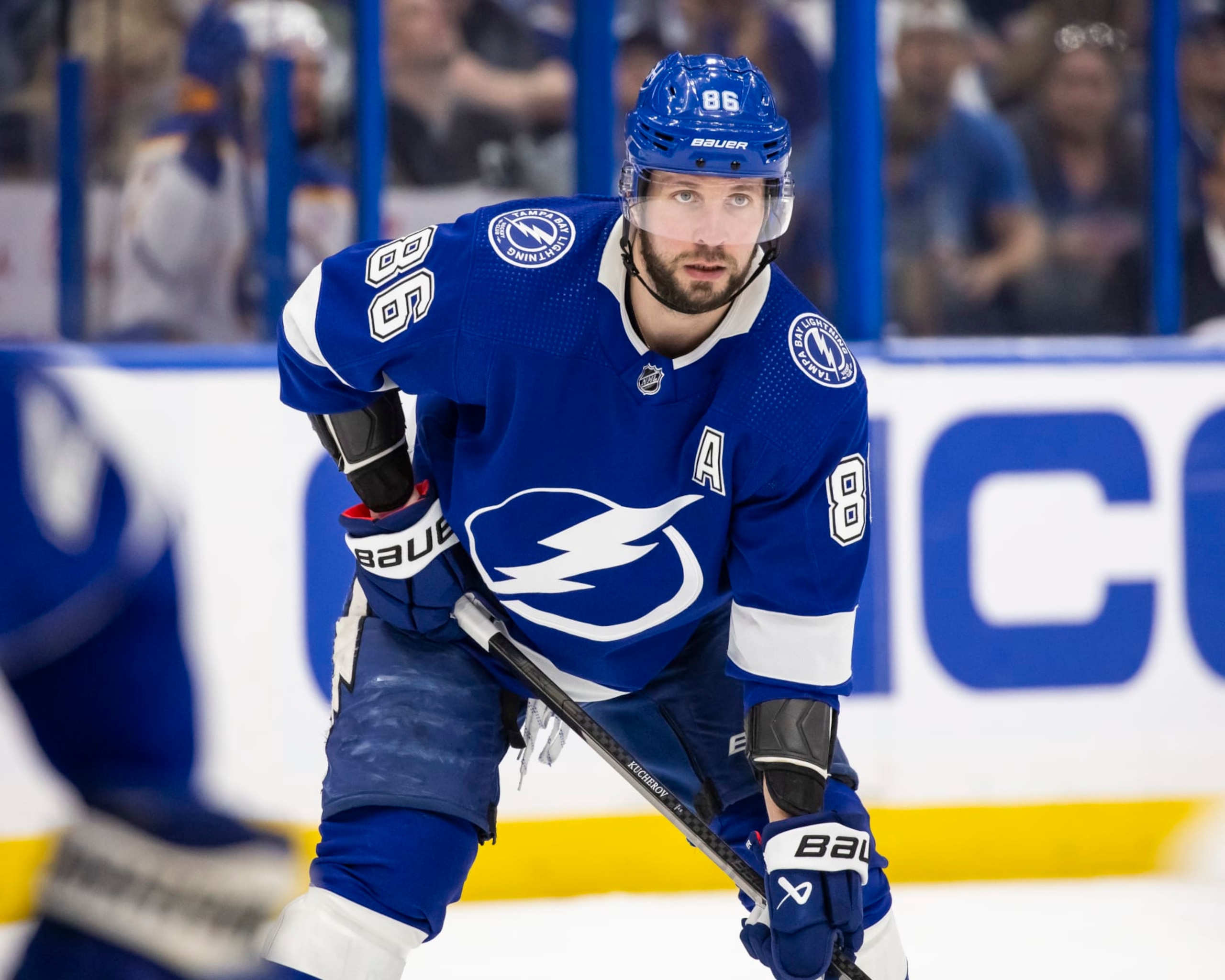 TAMPA, FL - APRIL 15: Nikita Kucherov #86 of the Tampa Bay Lightning against the Buffalo Sabres during the first period at Amalie Arena on April 15, 2024 in Tampa, Florida. (Photo by Mark LoMoglio/NHLI via Getty Images)