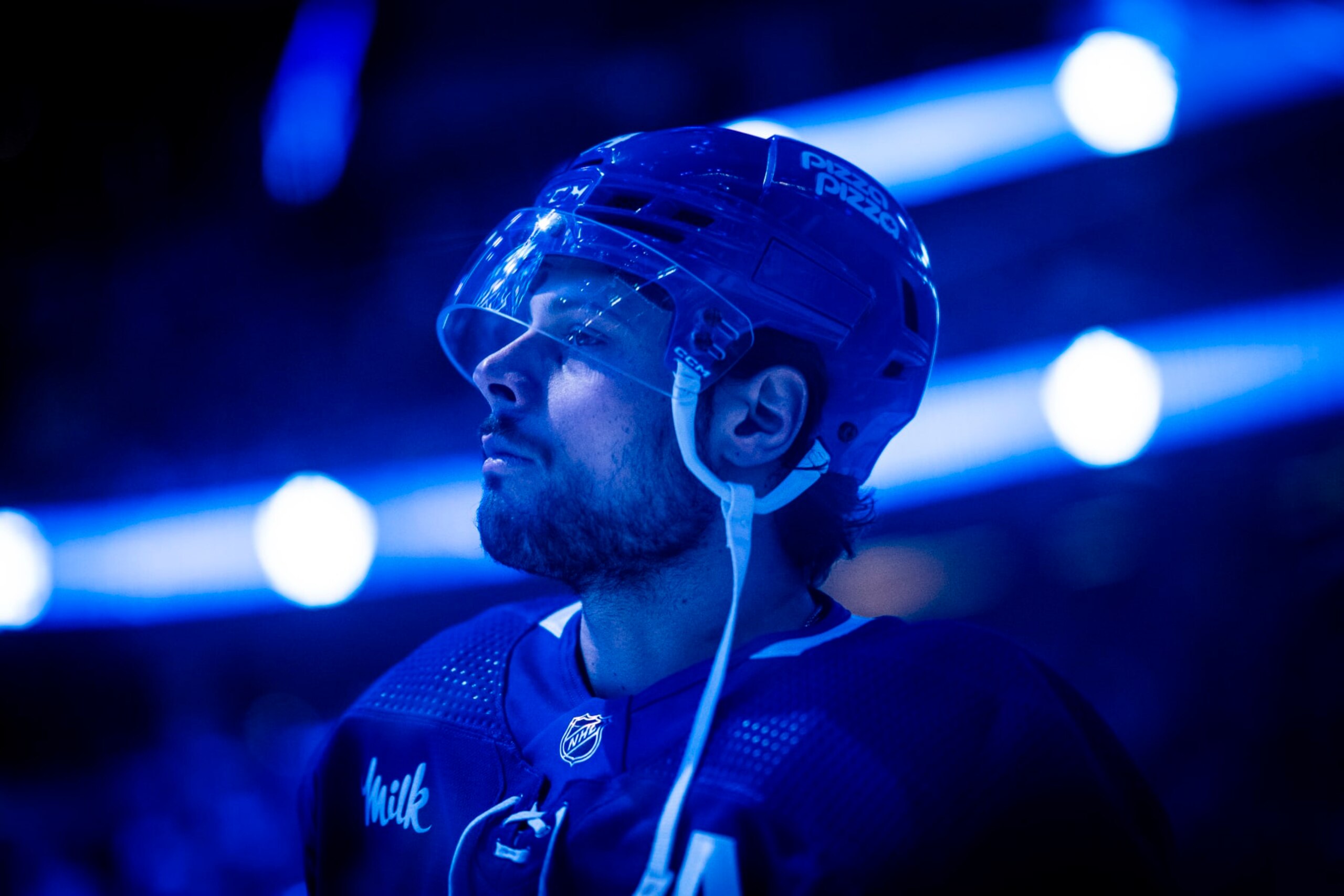TORONTO, ON - APRIL 24: Auston Matthews #34 of the Toronto Maple Leafs skates in player introductions ahead of playing the Boston Bruins in Game Three of the First Round of the 2024 Stanley Cup Playoffs at Scotiabank Arena on April 24, 2024 in Toronto, Ontario, Canada. (Photo by Mark Blinch/NHLI via Getty Images)
