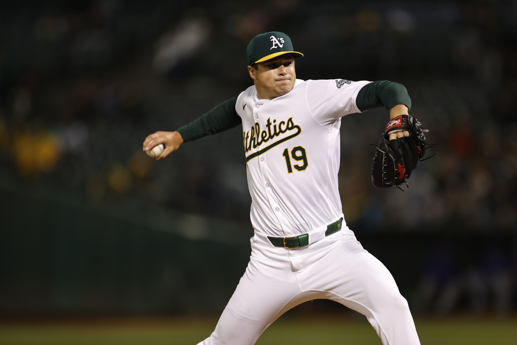OAKLAND, CA - JUNE 7: Mason Miller #19 of the Oakland Athletics pitches during the game against the Toronto Blue Jays at the Oakland Coliseum on June 7, 2024 in Oakland, California. The Athletics defeated the Blue Jays 2-1. (Photo by Michael Zagaris/Oakland Athletics/Getty Images)