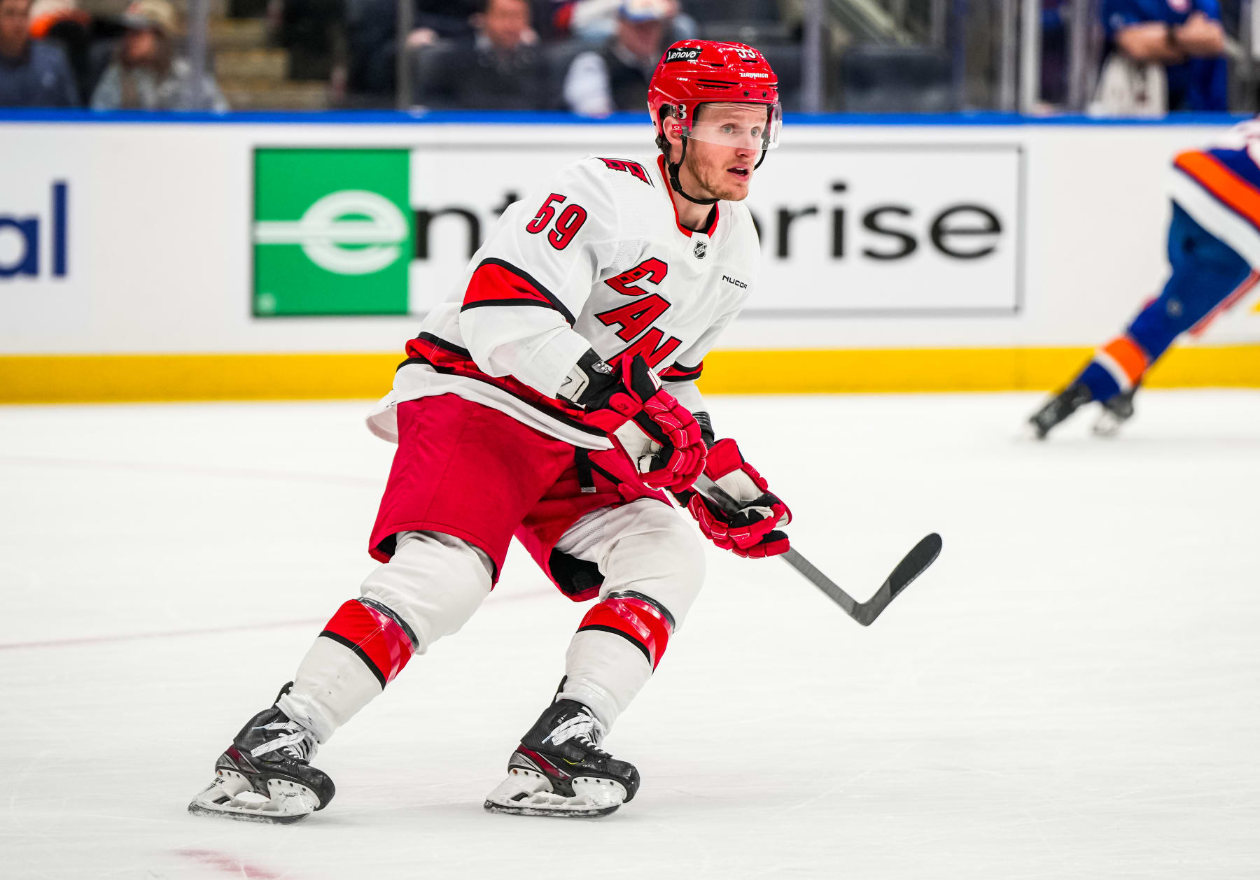ELMONT, NEW YORK - APRIL 25:  Jake Guentzel #59 of the Carolina Hurricanes skates during the first period against the New York Islanders in Game Three of the First Round of the 2024 Stanley Cup Playoffs at UBS Arena on April 25, 2024 in Elmont, New York. (Photo by Josh Lavallee/NHLI via Getty Images)