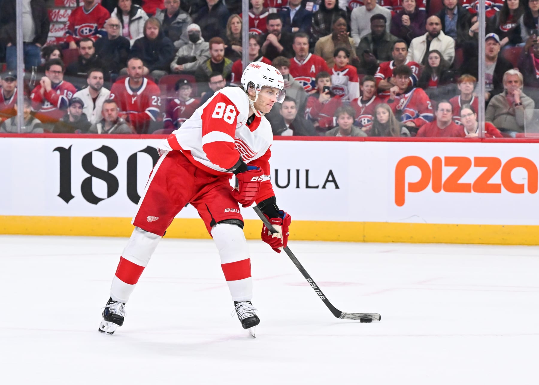 MONTREAL, CANADA - APRIL 16: Patrick Kane #88 of the Detroit Red Wings makes his approach with the puck during the shootout against the Montreal Canadiens at the Bell Centre on April 16, 2024 in Montreal, Quebec, Canada. The Detroit Red Wings defeated the Montreal Canadiens 5-4 in a shootout. (Photo by Minas Panagiotakis/Getty Images)