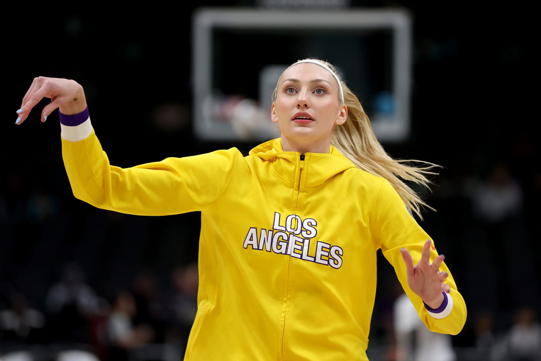 SEATTLE, WASHINGTON - JUNE 11: Cameron Brink #22 of the Los Angeles Sparks warms up before the game Storm at Climate Pledge Arena on June 11, 2024 in Seattle, Washington. (Photo by Steph Chambers/Getty Images)