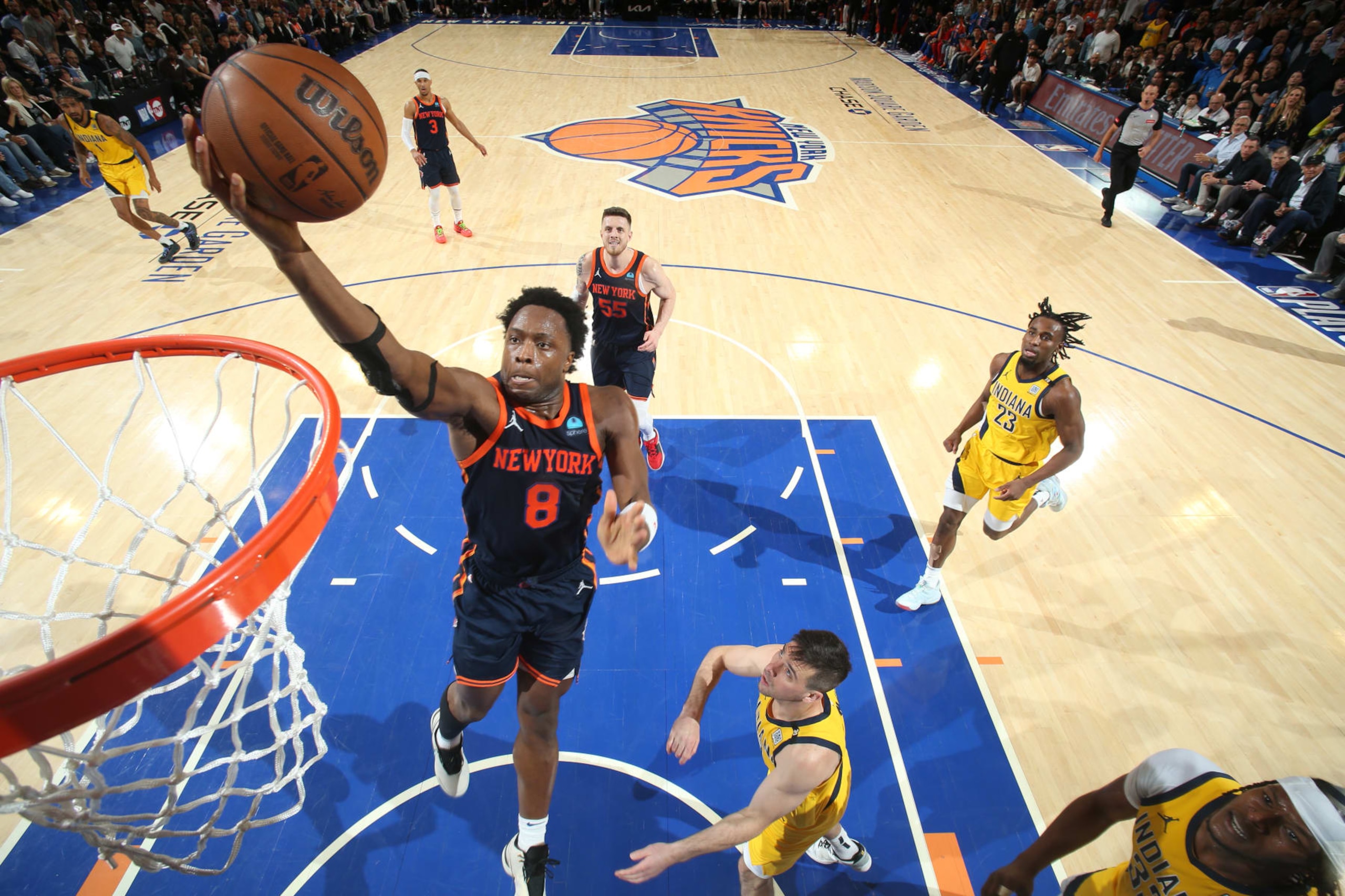 NEW YORK, NY - MAY 8: OG Anunoby #8 of the New York Knicks drives to the basket during the game against the Indiana Pacers during Round 2 Game 2 of the 2024 NBA Playoffs on May 8, 2024 at Madison Square Garden in New York City, New York. NOTE TO USER: User expressly acknowledges and agrees that, by downloading and or using this photograph, User is consenting to the terms and conditions of the Getty Images License Agreement. Mandatory Copyright Notice: Copyright 2024 NBAE (Photo by Nathaniel S. Butler/NBAE via Getty Images) NEW YORK, NY - MAY 8: OG Anunoby #8 of the New York Knicks drives to the basket during the game against the Indiana Pacers during Round 2 Game 2 of the 2024 NBA Playoffs on May 8, 2024 at Madison Square Garden in New York City, New York. NOTE TO USER: User expressly acknowledges and agrees that, by downloading and or using this photograph, User is consenting to the terms and conditions of the Getty Images License Agreement. Mandatory Copyright Notice: Copyright 2024 NBAE (Photo by Nathaniel S. Butler/NBAE via Getty Images)
