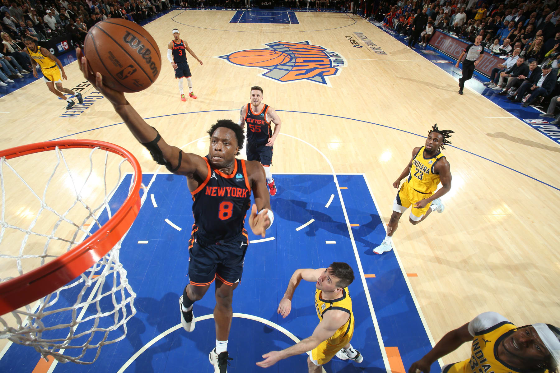 NEW YORK, NY - MAY 8: OG Anunoby #8 of the New York Knicks drives to the basket during the game against the Indiana Pacers during Round 2 Game 2 of the 2024 NBA Playoffs on May 8, 2024 at Madison Square Garden in New York City, New York. NOTE TO USER: User expressly acknowledges and agrees that, by downloading and or using this photograph, User is consenting to the terms and conditions of the Getty Images License Agreement. Mandatory Copyright Notice: Copyright 2024 NBAE (Photo by Nathaniel S. Butler/NBAE via Getty Images)