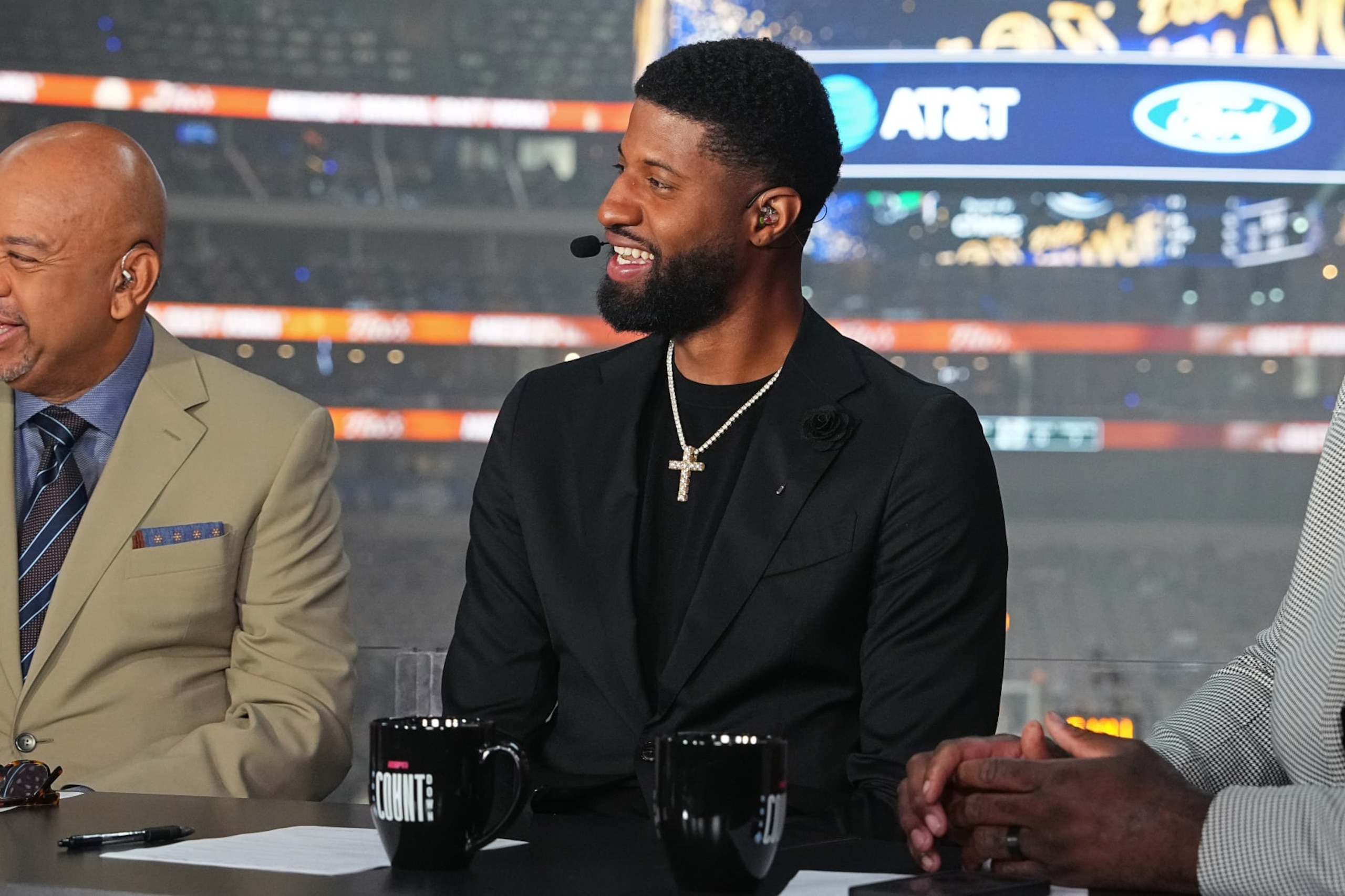 DALLAS, TX - JUNE 14: Paul George smiles before the game between the Boston Celtics and the Dallas Mavericks during Game 4 of the 2024 NBA Finals on June 14, 2024 at the American Airlines Center in Dallas, Texas. NOTE TO USER: User expressly acknowledges and agrees that, by downloading and or using this photograph, User is consenting to the terms and conditions of the Getty Images License Agreement. Mandatory Copyright Notice: Copyright 2024 NBAE (Photo by Garrett Ellwood/NBAE via Getty Images)
