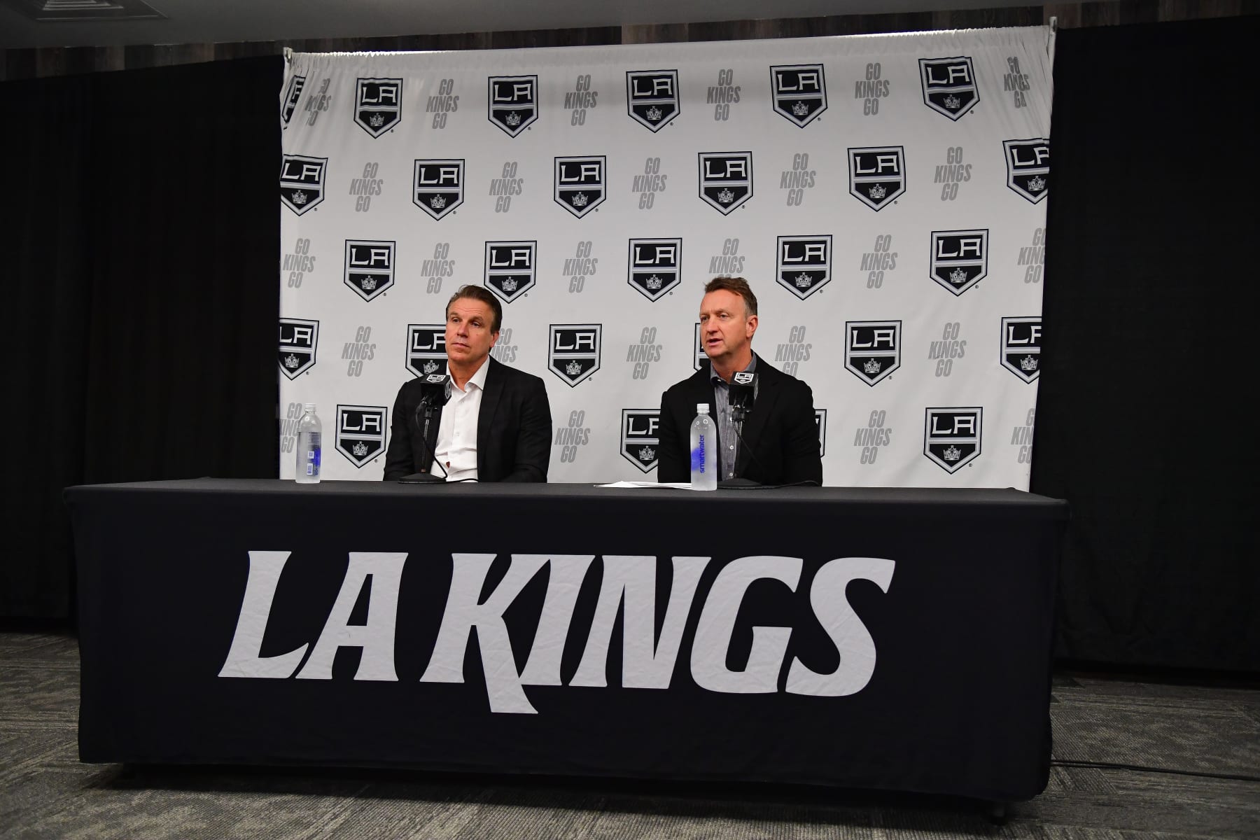 EL SEGUNDO, CA - MAY 19: Los Angeles Kings general manager Rob Blake speaks to media introducing Jim Hiller as head coach at Toyota Sports Performance Center on May 23, 2024 in El Segundo, California. (Photo by Gary A. Vasquez/NHLI via Getty Images)