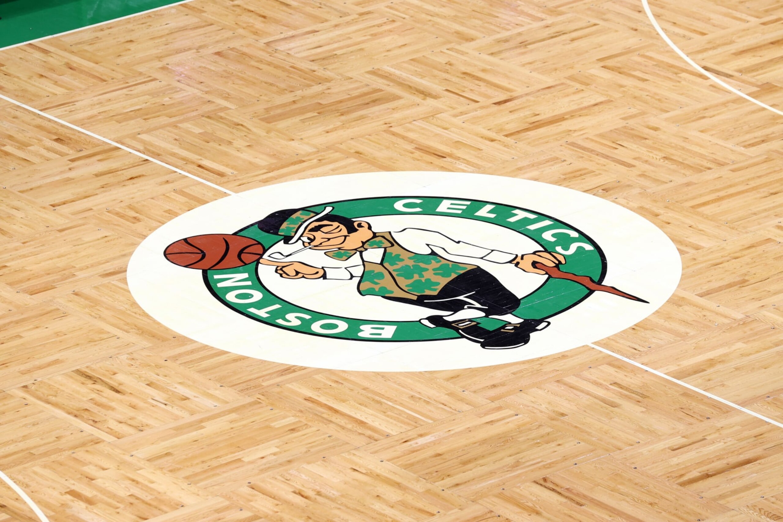 BOSTON, MA - JUNE 7: A detailed photo of the Boston Celtics logo before Game Three of the 2022 NBA Finals on June 7, 2022 at TD Garden in Boston, Massachusetts. NOTE TO USER: User expressly acknowledges and agrees that, by downloading and or using this photograph, user is consenting to the terms and conditions of Getty Images License Agreement. Mandatory Copyright Notice: Copyright 2022 NBAE (Photo by Joe Murphy/NBAE via Getty Images)