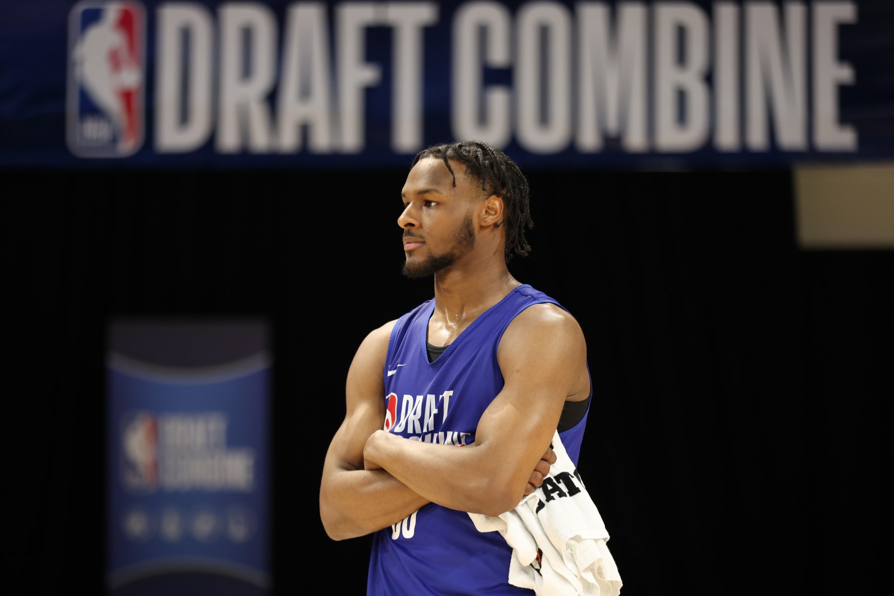CHICAGO, IL - MAY 13: Bronny James looks on during the 2024 NBA Combine on May 13, 2024 at Wintrust Arena in Chicago, Illinois. NOTE TO USER: User expressly acknowledges and agrees that, by downloading and or using this photograph, User is consenting to the terms and conditions of the Getty Images License Agreement. Mandatory Copyright Notice: Copyright 2024 NBAE (Photo by Jeff Haynes/NBAE via Getty Images)