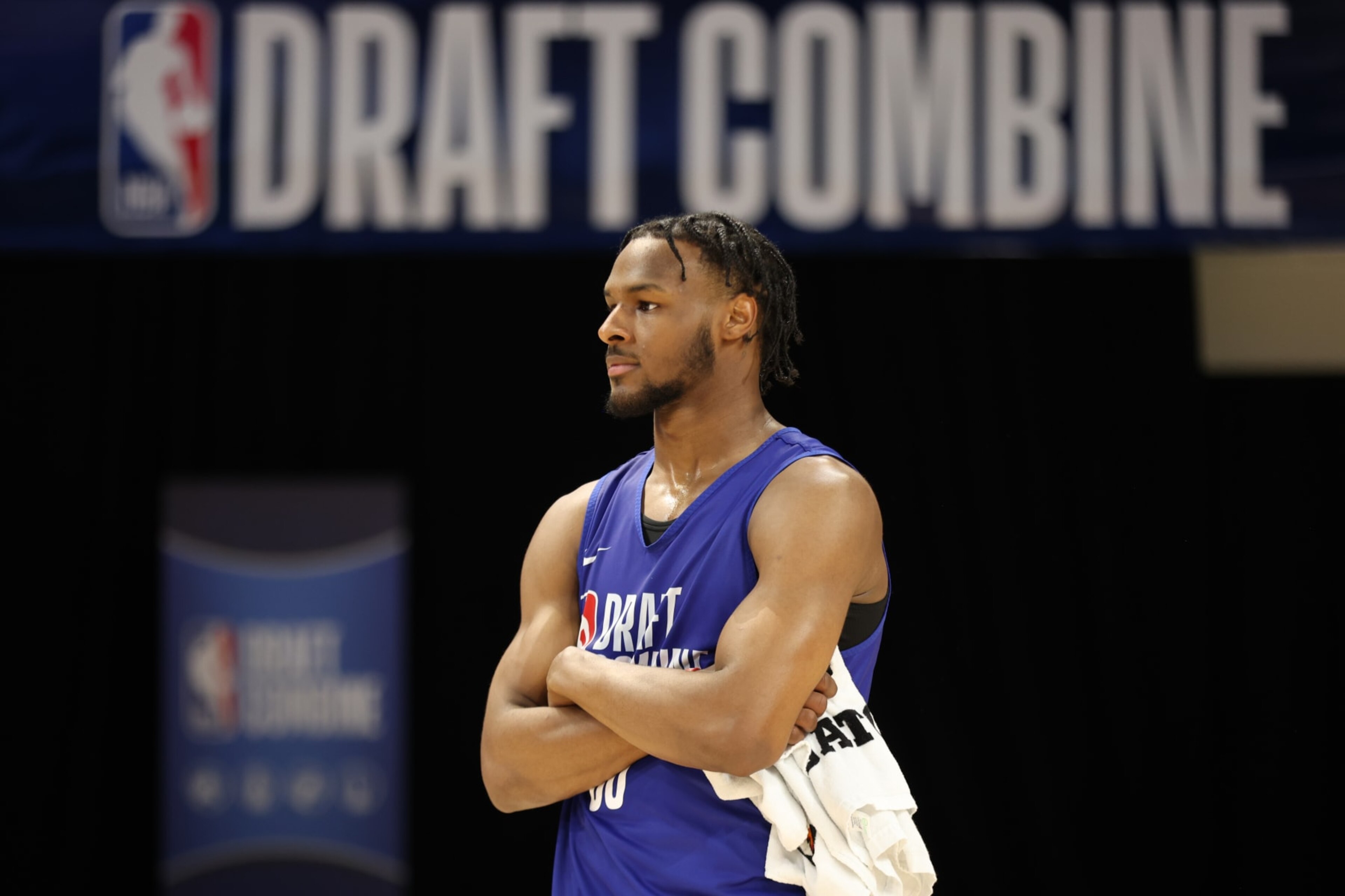 CHICAGO, IL - MAY 13: Bronny James looks on during the 2024 NBA Combine on May 13, 2024 at Wintrust Arena in Chicago, Illinois. NOTE TO USER: User expressly acknowledges and agrees that, by downloading and or using this photograph, User is consenting to the terms and conditions of the Getty Images License Agreement. Mandatory Copyright Notice: Copyright 2024 NBAE (Photo by Jeff Haynes/NBAE via Getty Images) CHICAGO, IL - MAY 13: Bronny James looks on during the 2024 NBA Combine on May 13, 2024 at Wintrust Arena in Chicago, Illinois. NOTE TO USER: User expressly acknowledges and agrees that, by downloading and or using this photograph, User is consenting to the terms and conditions of the Getty Images License Agreement. Mandatory Copyright Notice: Copyright 2024 NBAE (Photo by Jeff Haynes/NBAE via Getty Images)