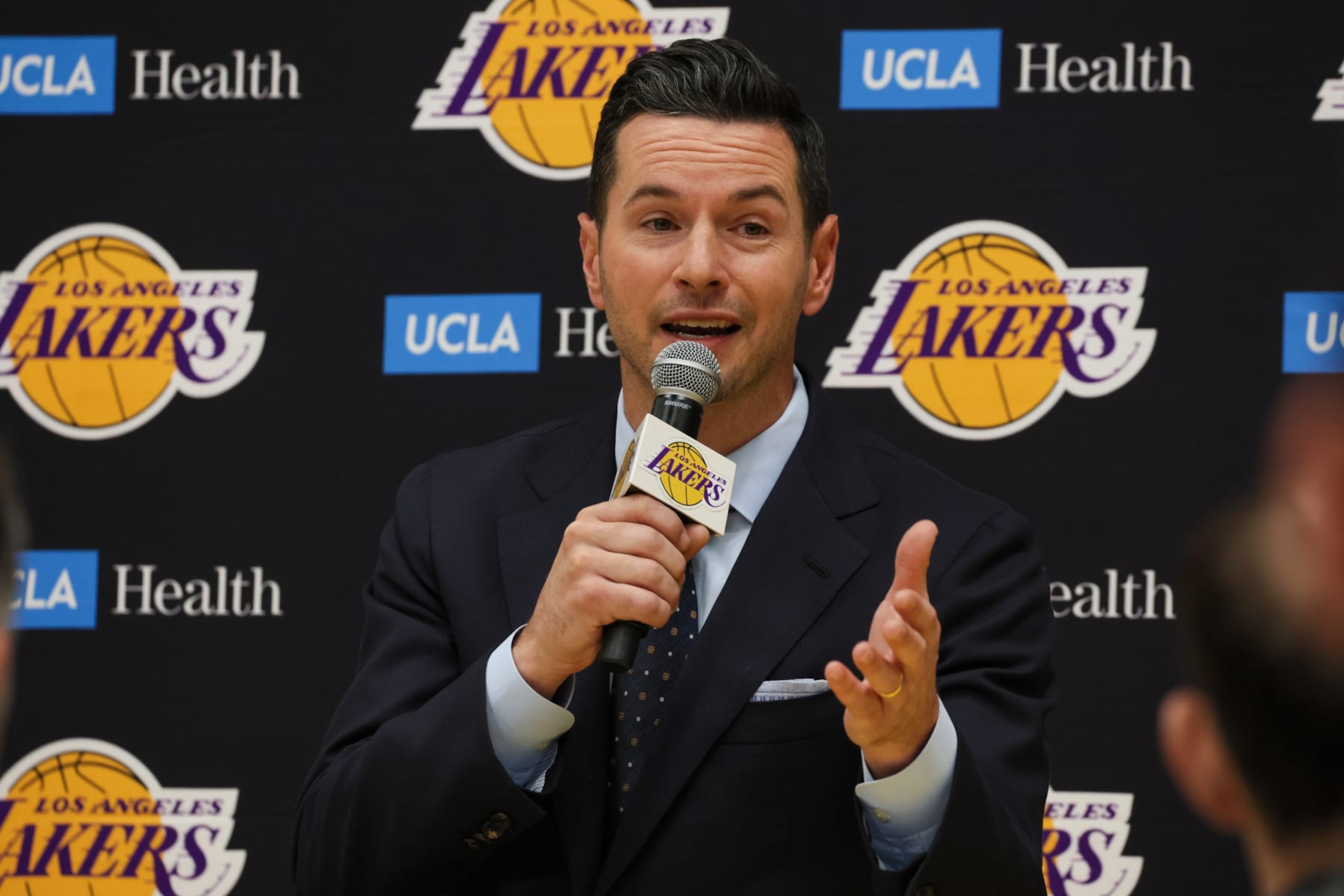 El Segundo, CA, Monday, June 24, 2024 - JJ Redick fields questions as the new head coach of the LA Lakers at the UCLA Health Training Center.  (Robert Gauthier/Los Angeles Times via Getty Images)
