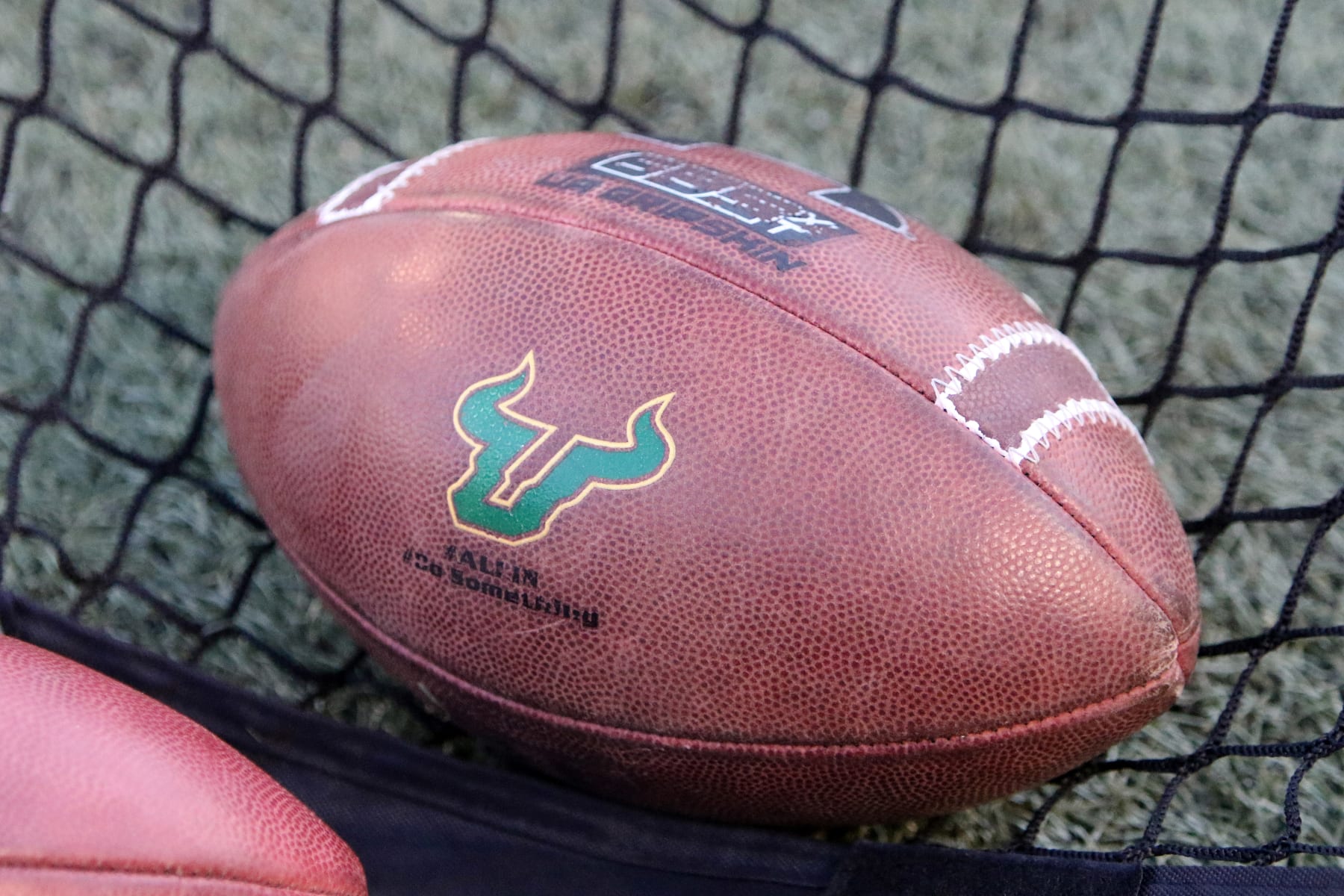BIRMINGHAM, AL - DECEMBER 29:  A South Florida logo on the football at the Birmingham Bowl  between the South Carolina Gamecocks and the South Florida Bulls on December 29, 2016.   South Florida defeated South Carolina by the score of 46-39 at Legion Field in Birmingham, Alabama.  (Photo by Michael Wade/Icon Sportswire via Getty Images)