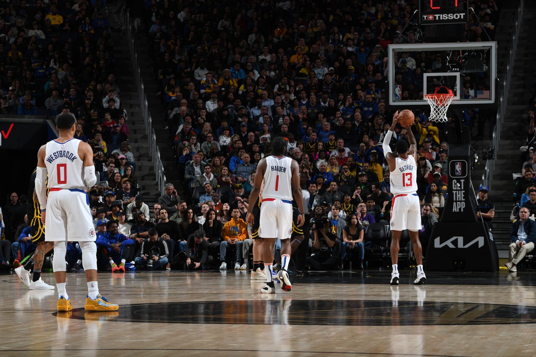 SAN FRANCISCO, CA - FEBRUARY 14: Paul George #13 of the LA Clippers shoots a free throw during the game against the Golden State Warriors on FEBRUARY 14, 2024 at Chase Center in San Francisco, California. NOTE TO USER: User expressly acknowledges and agrees that, by downloading and or using this photograph, user is consenting to the terms and conditions of Getty Images License Agreement. Mandatory Copyright Notice: Copyright 2024 NBAE (Photo by Noah Graham/NBAE via Getty Images)