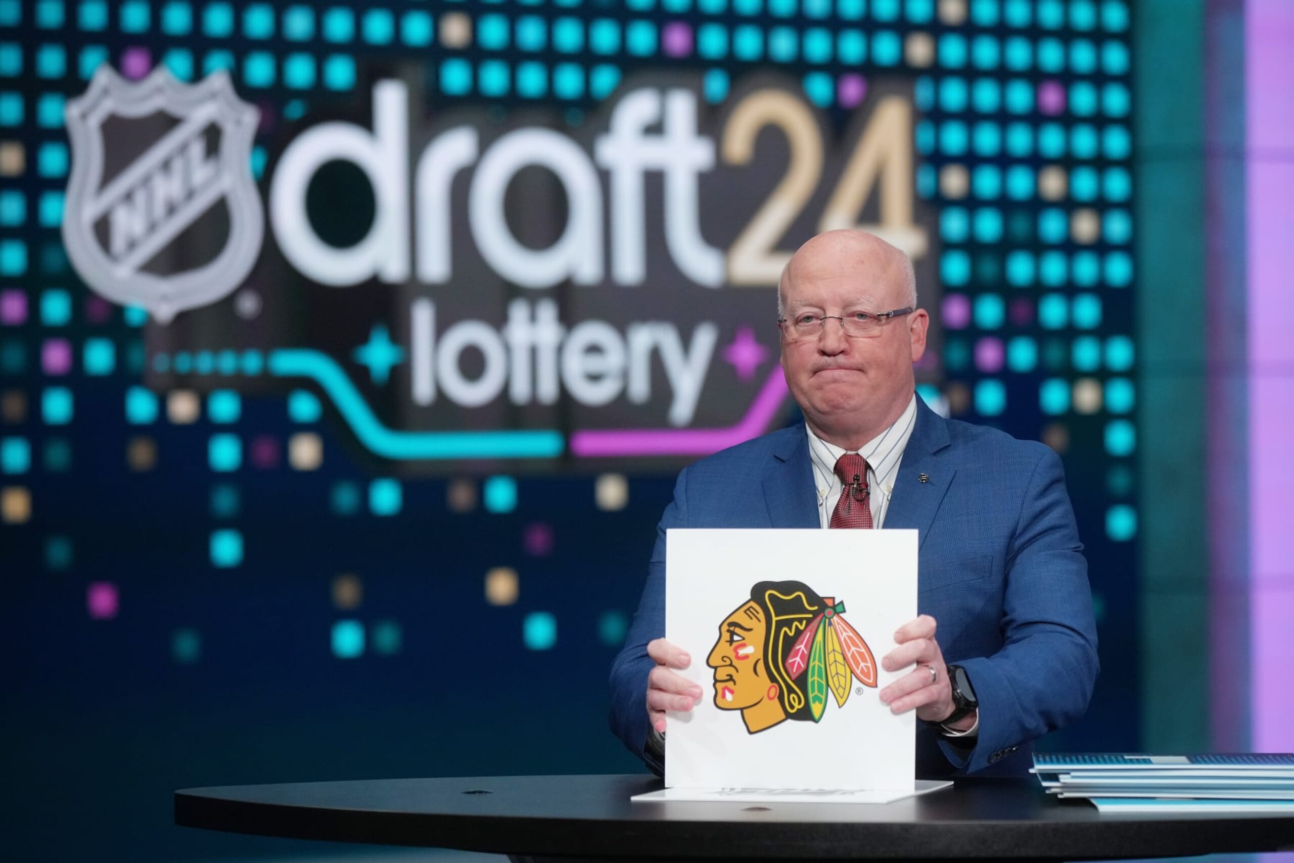 SECAUCUS, NEW JERSEY - MAY 07: National Hockey League Deputy Commissioner Bill Daly announces the Chicago Blackhawks #2 overall draft position during the 2024 NHL Draft Lottery at NHL Network Studio on May 07, 2024 in Secaucus, New Jersey. (Photo by Mike Stobe/NHLI via Getty Images) SECAUCUS, NEW JERSEY - MAY 07: National Hockey League Deputy Commissioner Bill Daly announces the Chicago Blackhawks #2 overall draft position during the 2024 NHL Draft Lottery at NHL Network Studio on May 07, 2024 in Secaucus, New Jersey. (Photo by Mike Stobe/NHLI via Getty Images)