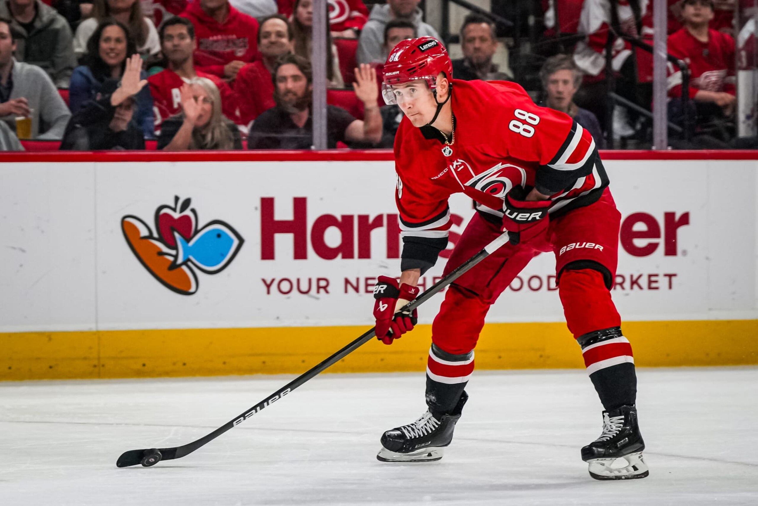 RALEIGH, NORTH CAROLINA - MARCH 28: Martin Necas #88 of the Carolina Hurricanes skates during the first period against the Detroit Red Wings at PNC Arena on March 28, 2024 in Raleigh, North Carolina. (Photo by Josh Lavallee/NHLI via Getty Images) RALEIGH, NORTH CAROLINA - MARCH 28: Martin Necas #88 of the Carolina Hurricanes skates during the first period against the Detroit Red Wings at PNC Arena on March 28, 2024 in Raleigh, North Carolina. (Photo by Josh Lavallee/NHLI via Getty Images)