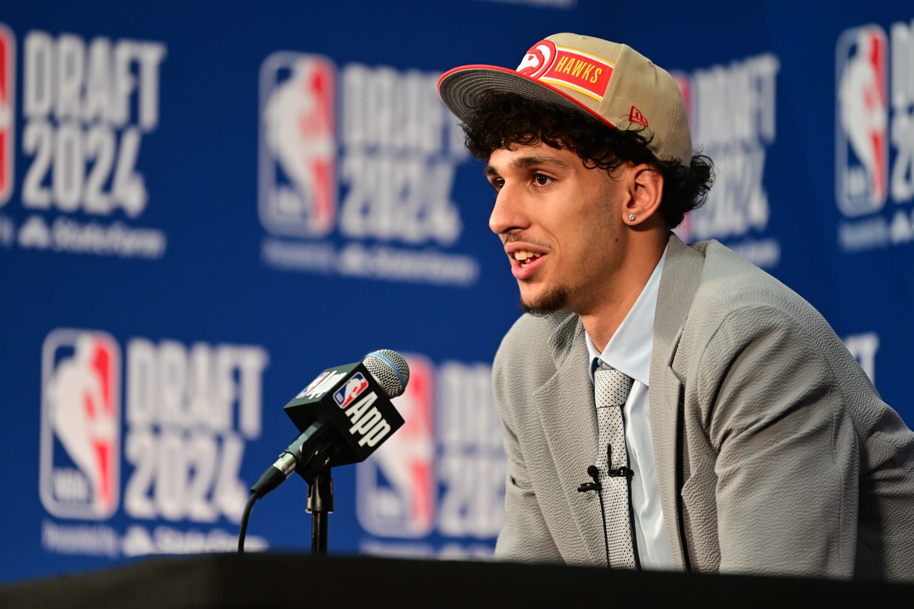 BROOKLYN, NY - JUNE 26: Zaccharie Risacher talks with media after being drafted first overall pick by the Atlanta Hawks during the first round of the 2024 NBA Draft - Round One on June 26, 2024 at Barclays Center in Brooklyn, New York. NOTE TO USER: User expressly acknowledges and agrees that, by downloading and or using this photograph, User is consenting to the terms and conditions of the Getty Images License Agreement. Mandatory Copyright Notice: Copyright 2024 NBAE (Photo by Mike Lawrence/NBAE via Getty Images)