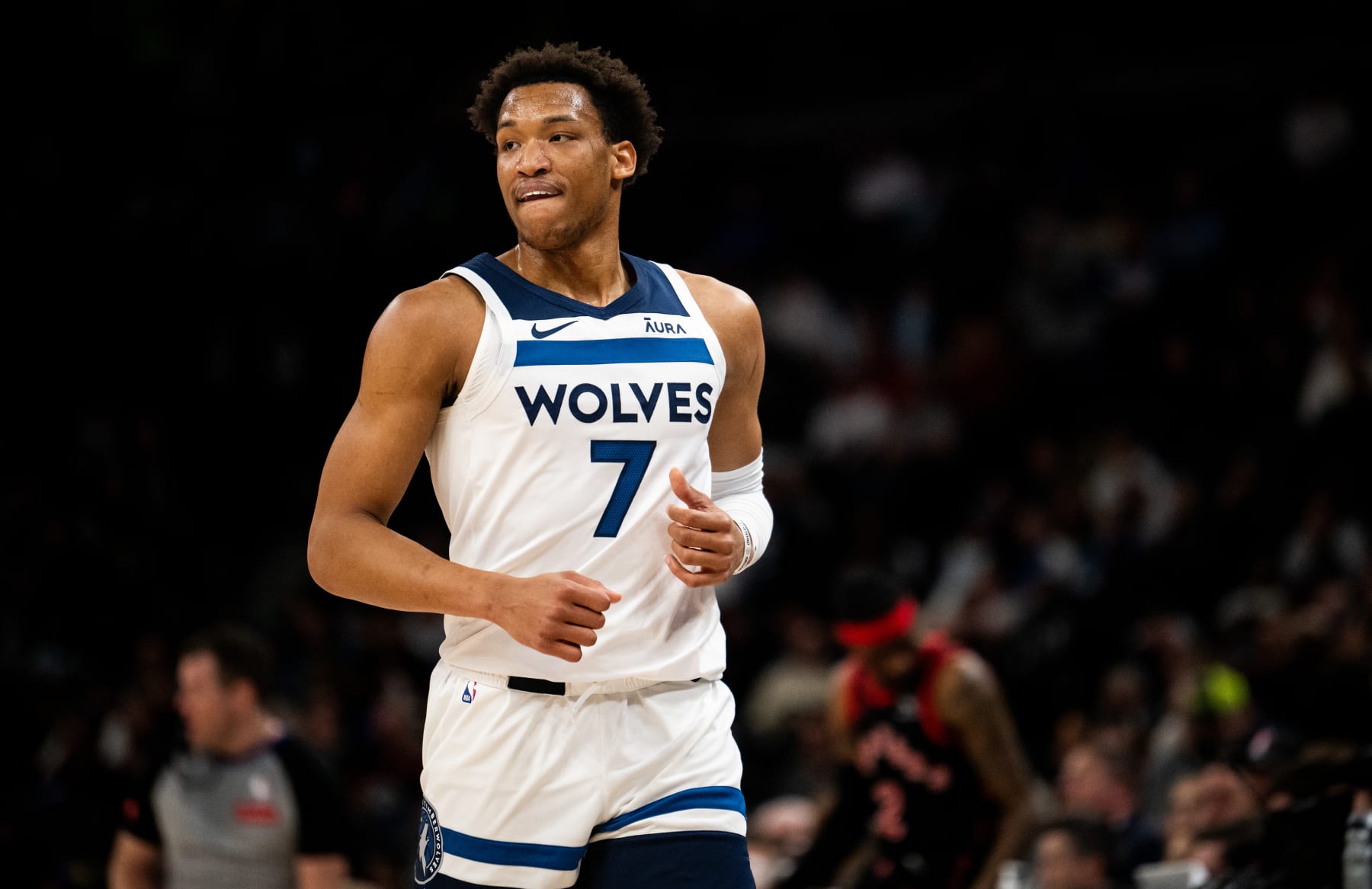 MINNEAPOLIS, MINNESOTA - APRIL 3: Wendell Moore Jr. #7 of the Minnesota Timberwolves looks on in the fourth quarter of the game against the Toronto Raptors at Target Center on April 3, 2024 in Minneapolis, Minnesota. NOTE TO USER: User expressly acknowledges and agrees that, by downloading and or using this photograph, User is consenting to the terms and conditions of the Getty Images License Agreement. (Photo by Stephen Maturen/Getty Images)