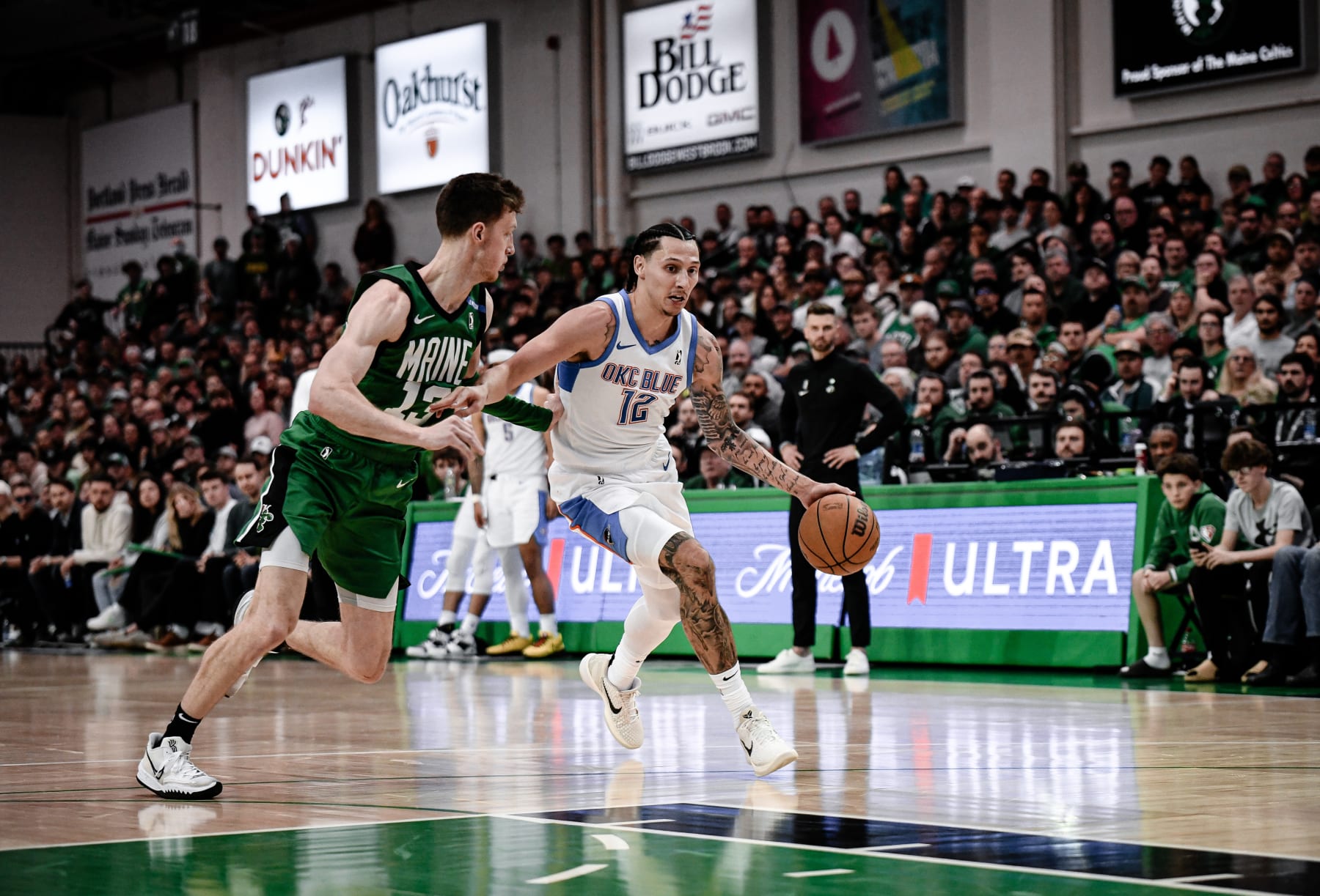 PORTLAND, ME- April 15: Lindy Waters III #12 of the Oklahoma City Blue dribbles the ball against the Maine Celtics during the 2023-24 G League Eastern Conference Finals on April 15, 2024 at Portland Expo Center in Portland, Maine. NOTE TO USER: User expressly acknowledges and agrees that, by downloading and or using this Photograph, User is consenting to the terms and conditions of the Getty Images License Agreement. Mandatory Copyright Notice: Copyright 2024 NBAE (Photo by China Wong/NBAE via Getty Images)