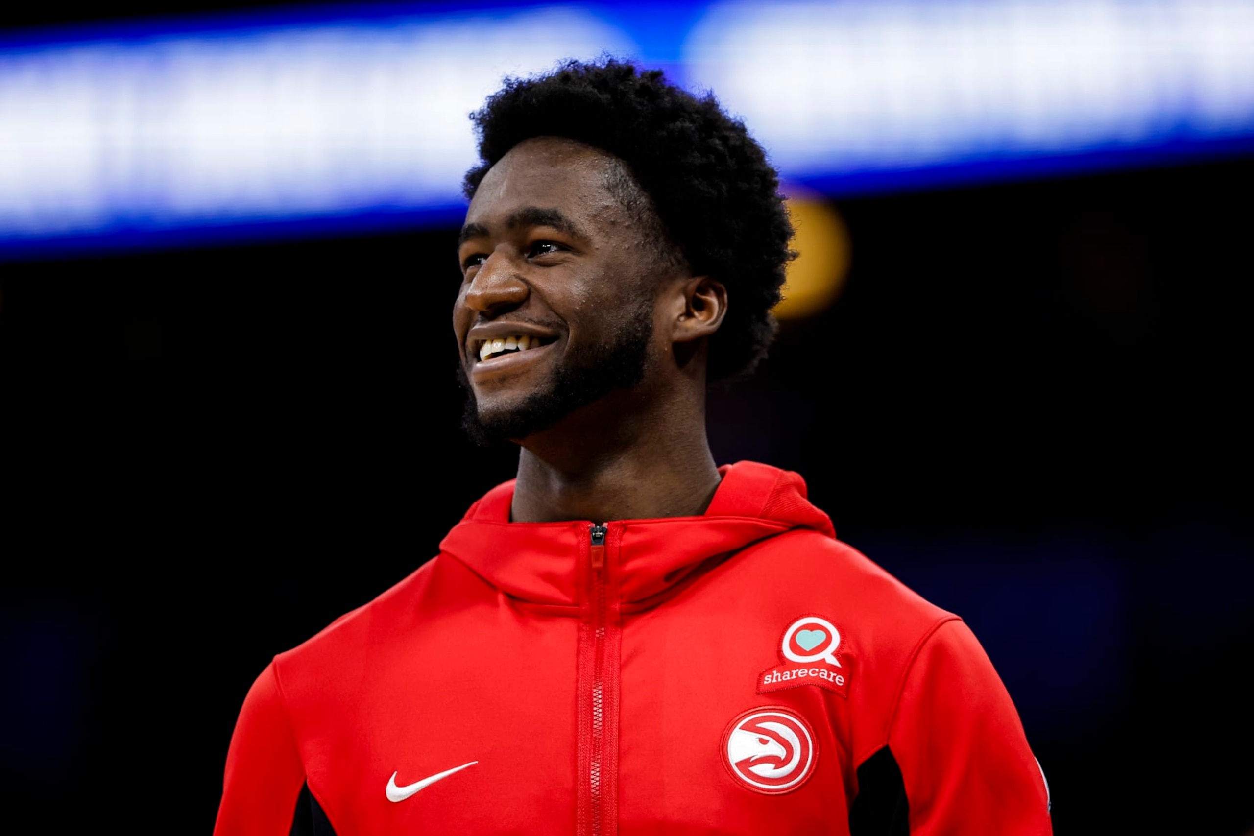 ORLANDO, FLORIDA - JANUARY 07: AJ Griffin #14 of the Atlanta Hawks looks on before the start of a game against the Orlando Magic at the Kia Center on January 07, 2024 in Orlando, Florida. NOTE TO USER: User expressly acknowledges and agrees that, by downloading and or using this photograph, User is consenting to the terms and conditions of the Getty Images License Agreement. (Photo by James Gilbert/Getty Images)