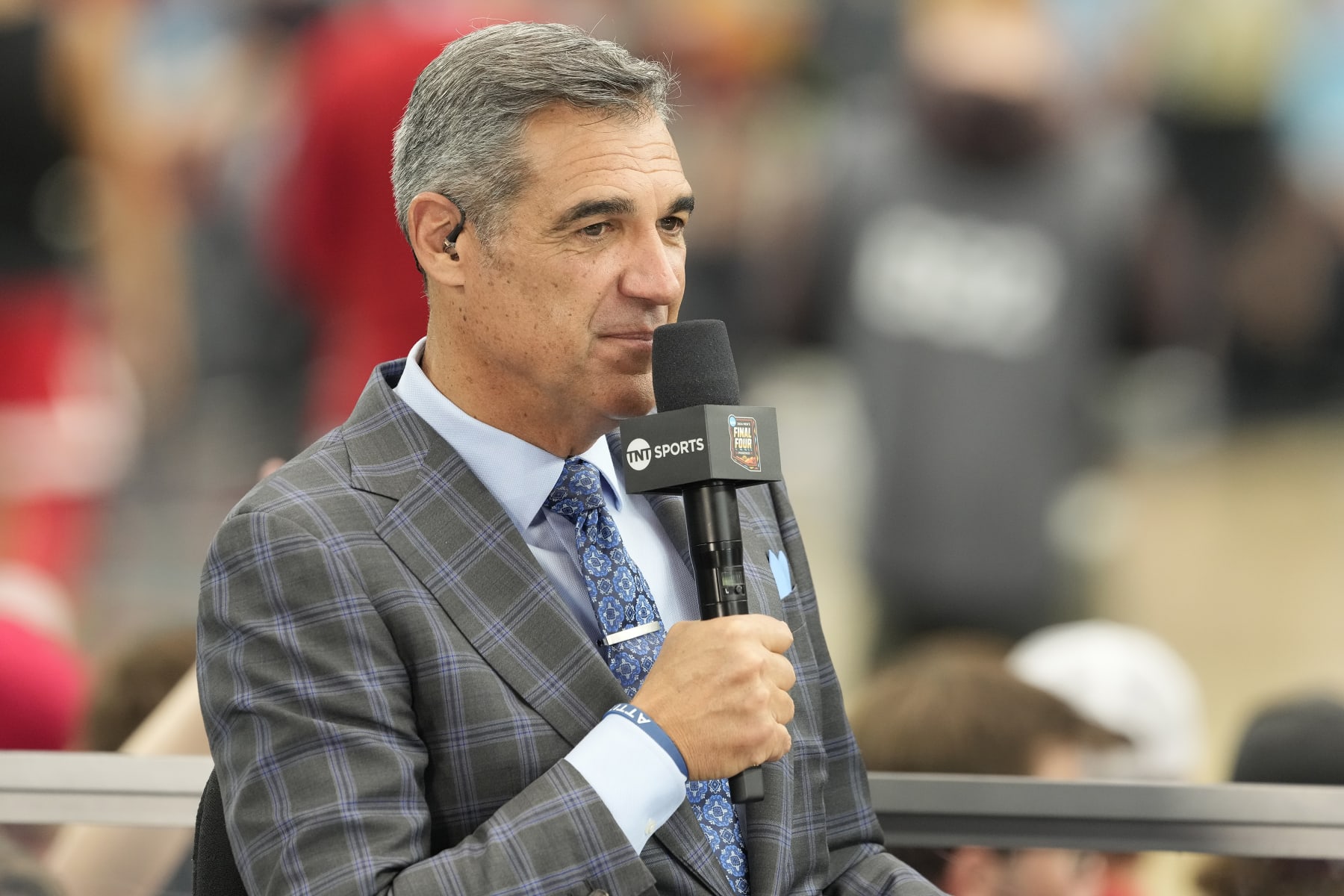 GLENDALE, ARIZONA - APRIL 06: TNT college basketball analyst Jay Wright on air before the NCAA Mens Basketball Tournament Final Four semifinal game between the Purdue Boilermakers and the North Carolina State Wolfpack at State Farm Stadium on April 06, 2024 in Glendale, Arizona. (Photo by Mitchell Layton/Getty Images)