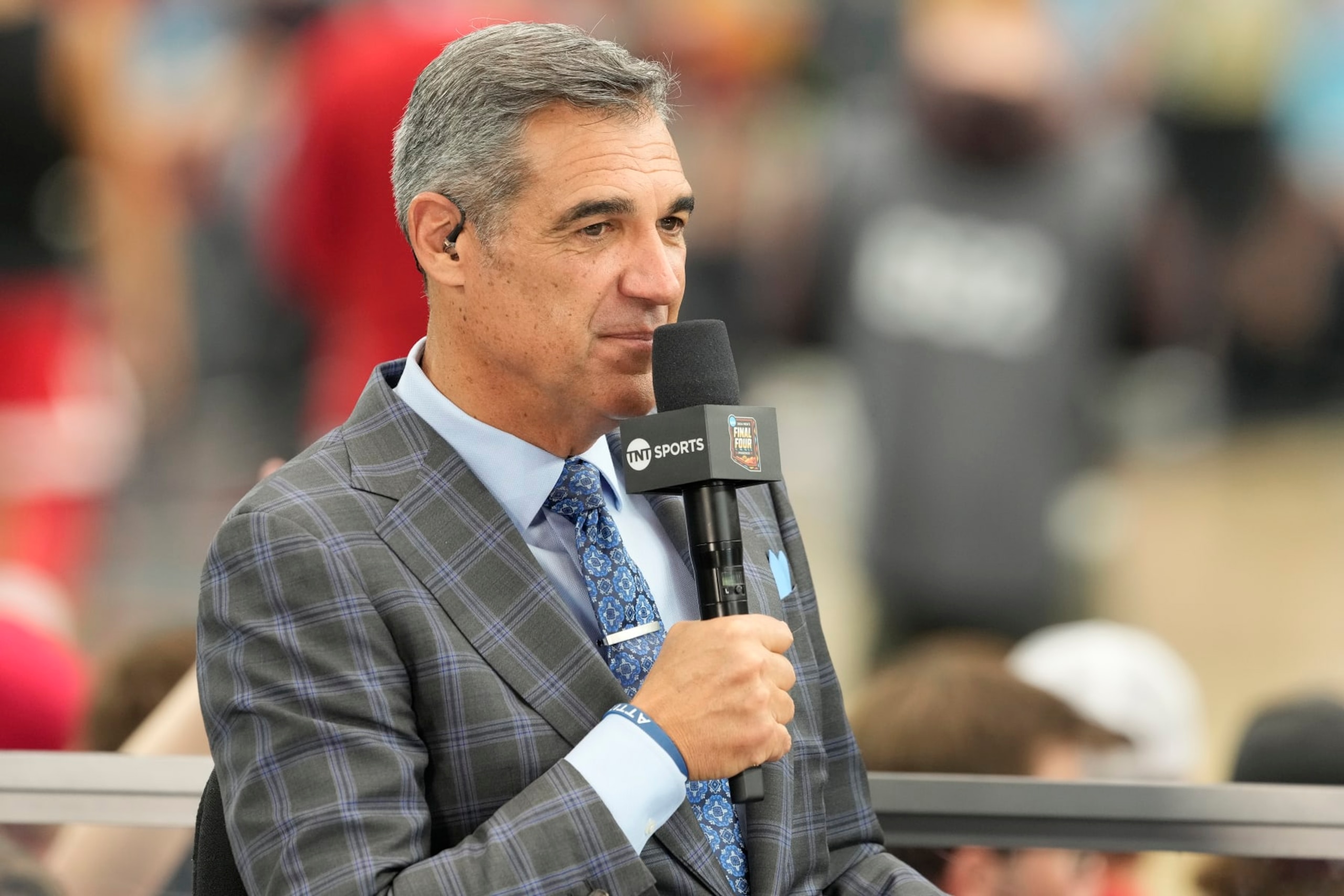 GLENDALE, ARIZONA - APRIL 06: TNT college basketball analyst Jay Wright on air before the NCAA Mens Basketball Tournament Final Four semifinal game between the Purdue Boilermakers and the North Carolina State Wolfpack at State Farm Stadium on April 06, 2024 in Glendale, Arizona. (Photo by Mitchell Layton/Getty Images)
