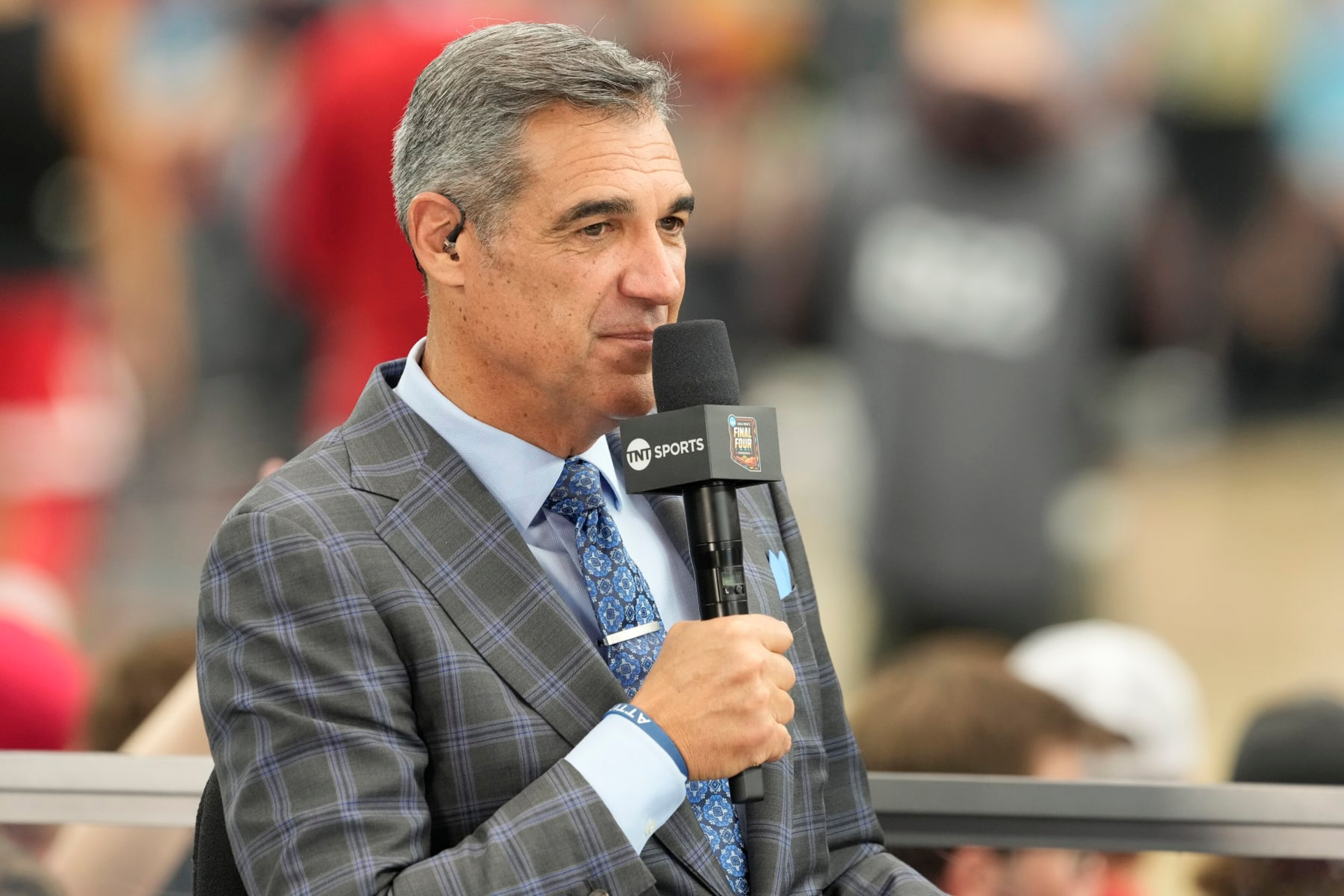 GLENDALE, ARIZONA - APRIL 06: TNT college basketball analyst Jay Wright on air before the NCAA Mens Basketball Tournament Final Four semifinal game between the Purdue Boilermakers and the North Carolina State Wolfpack at State Farm Stadium on April 06, 2024 in Glendale, Arizona. (Photo by Mitchell Layton/Getty Images)