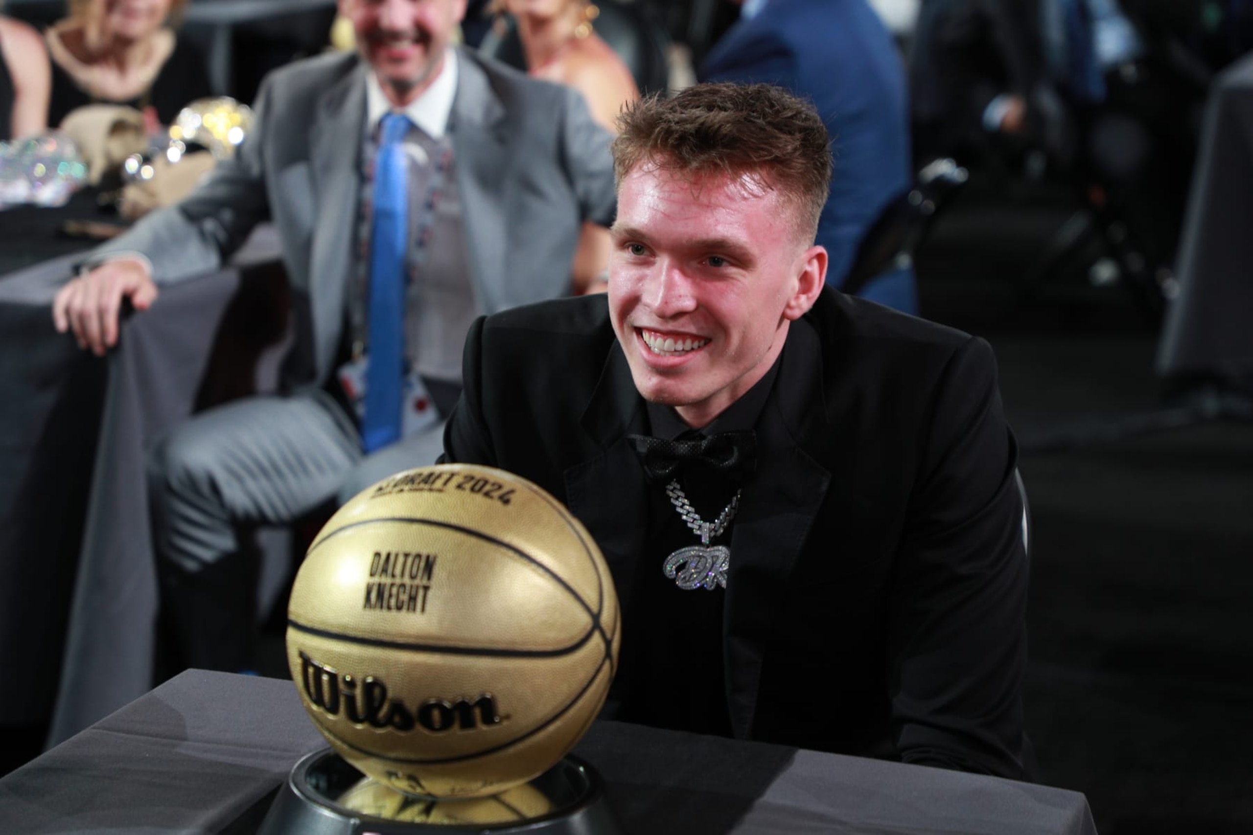 BROOKLYN, NY - JUNE 26: Dalton Knecht smiles after being drafted seventeenth overall pick by the Los Angeles Lakers during the first round during the 2024 NBA Draft - Round One on June 26, 2024 at Barclays Center in Brooklyn, New York. NOTE TO USER: User expressly acknowledges and agrees that, by downloading and or using this photograph, User is consenting to the terms and conditions of the Getty Images License Agreement. Mandatory Copyright Notice: Copyright 2024 NBAE (Photo by Chris Marion/NBAE via Getty Images)