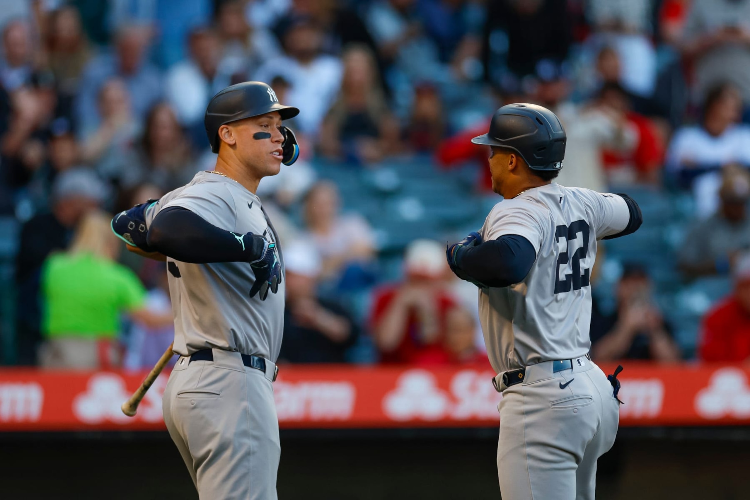 ANAHEIM, CALIFORNIA - MAY 28: Juan Soto #22 of the New York Yankees celebrates his solo home run with Aaron Judge #99 in the first inning during a game against the Los Angeles Angels at Angel Stadium of Anaheim on May 28, 2024 in Anaheim, California. (Photo by Brandon Sloter/Getty Images) ANAHEIM, CALIFORNIA - MAY 28: Juan Soto #22 of the New York Yankees celebrates his solo home run with Aaron Judge #99 in the first inning during a game against the Los Angeles Angels at Angel Stadium of Anaheim on May 28, 2024 in Anaheim, California. (Photo by Brandon Sloter/Getty Images)