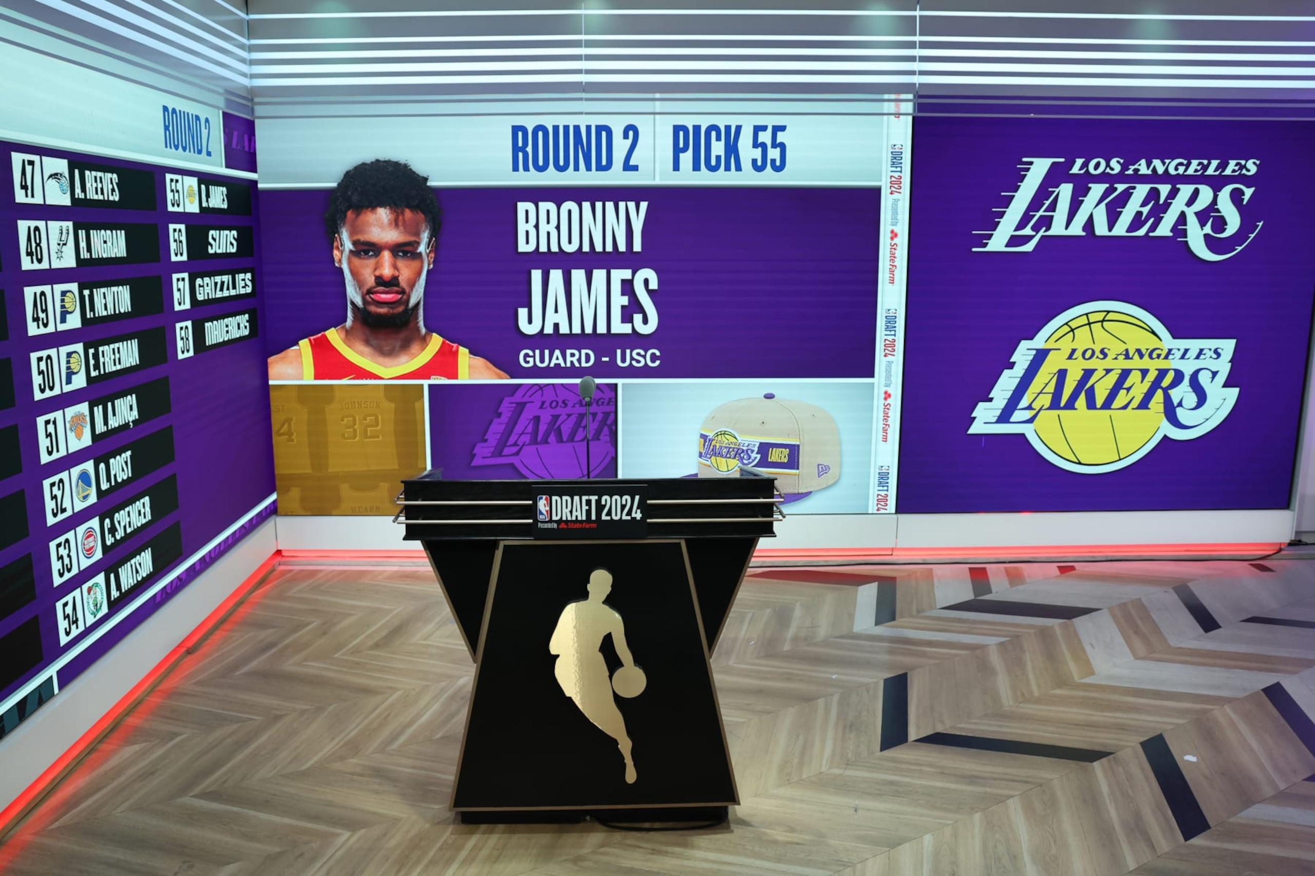 BROOKLYN, NY - JUNE 27: Bronny James gets drafted by the Los Angeles Lakers during the 2024 NBA Draft - Round Two on June 27, 2024 at Barclays Center in Brooklyn, New York. NOTE TO USER: User expressly acknowledges and agrees that, by downloading and or using this photograph, User is consenting to the terms and conditions of the Getty Images License Agreement. Mandatory Copyright Notice: Copyright 2024 NBAE (Photo by Jeff Haynes/NBAE via Getty Images)