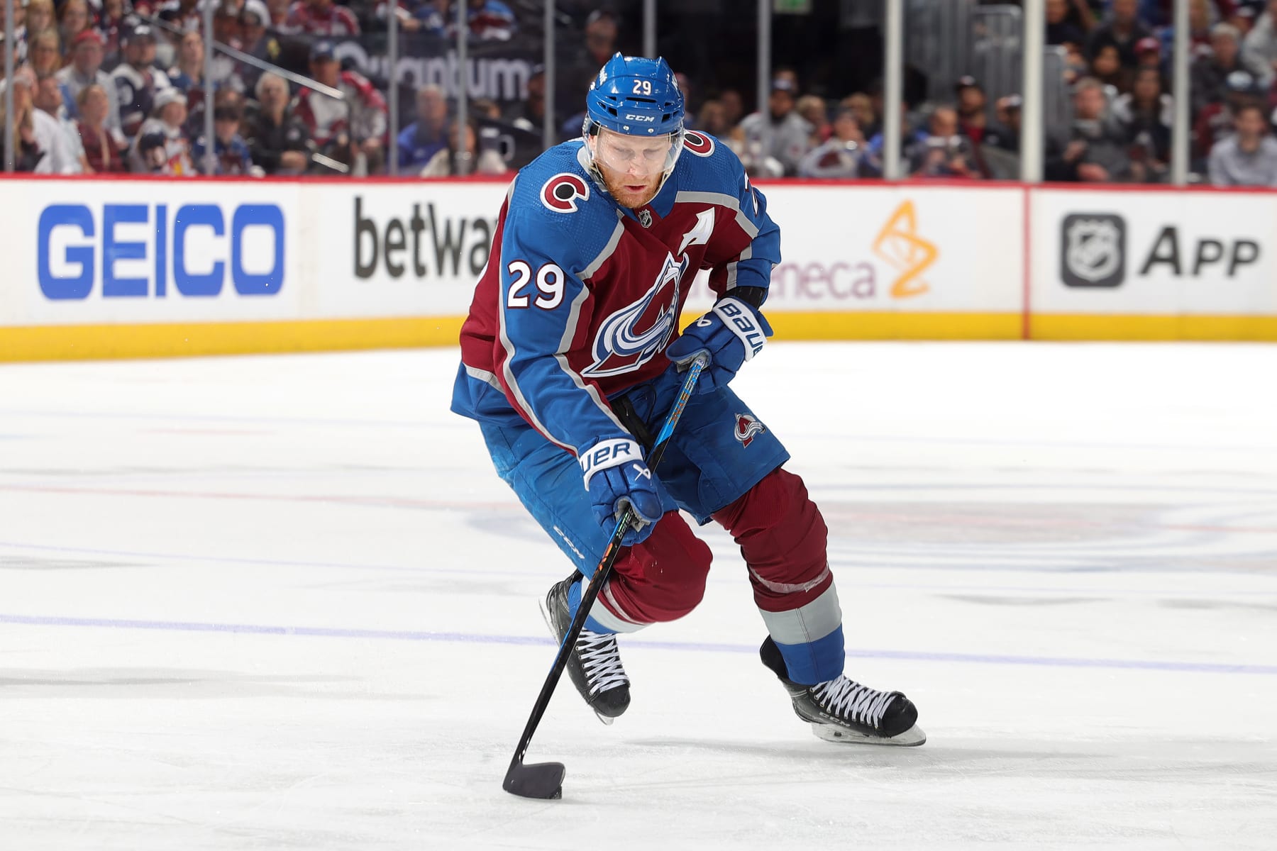 DENVER, COLORADO - MAY 17: Nathan MacKinnon #29 of the Colorado Avalanche skates against the Dallas Stars in Game Six of the Second Round of the 2024 Stanley Cup Playoffs at Ball Arena on May 17, 2024 in Denver, Colorado.  (Photo by Michael Martin/NHLI via Getty Images)